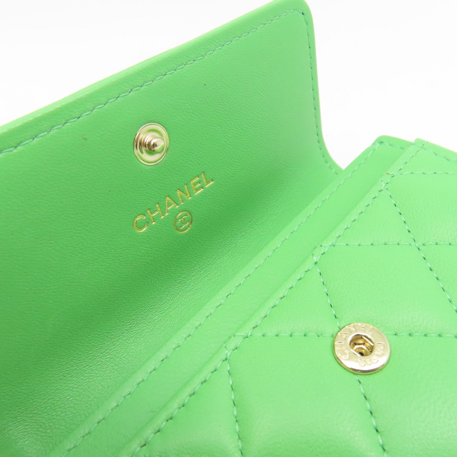 CHANEL 菱格牛皮皮革Card Case金扣卡片套綠色