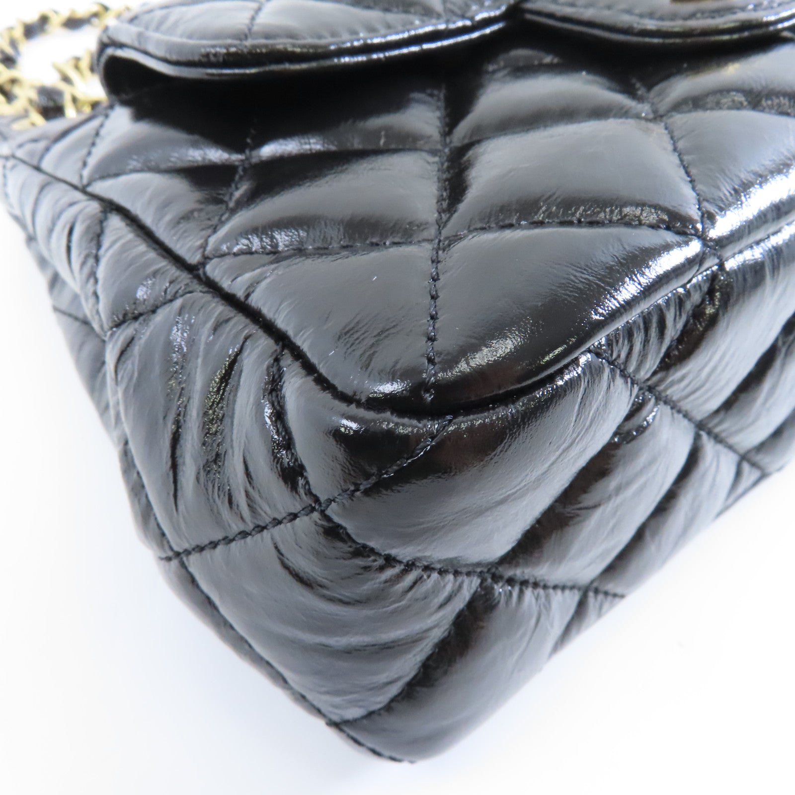 CHANEL 菱格牛皮皮革Chain Shoulder金扣鏈帶肩背袋袋黑色