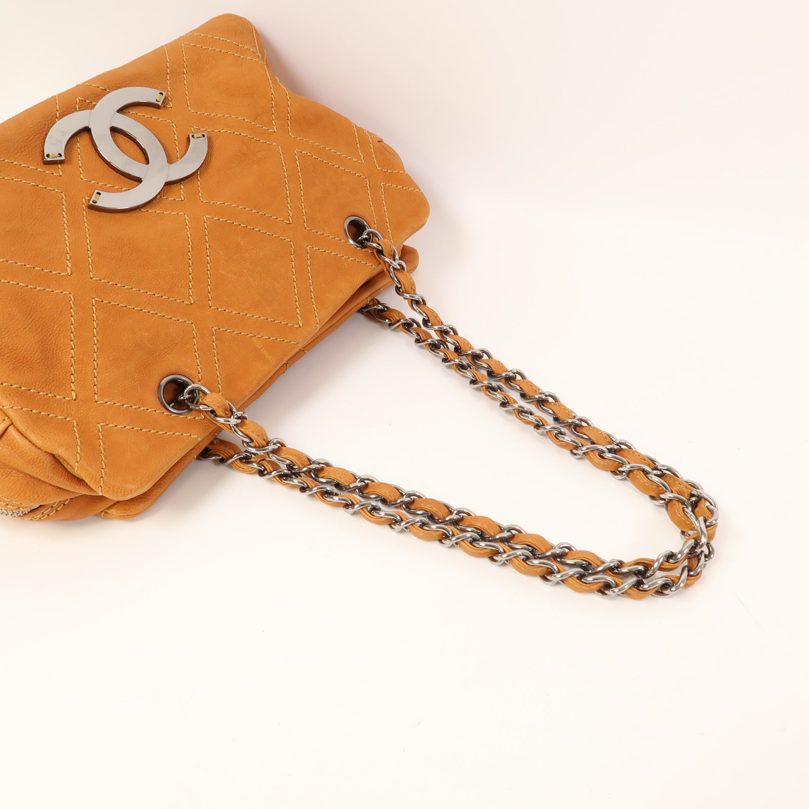 CHANEL 【激減優惠】牛皮皮革Chain Shoulder銀扣鏈帶肩背袋橙色