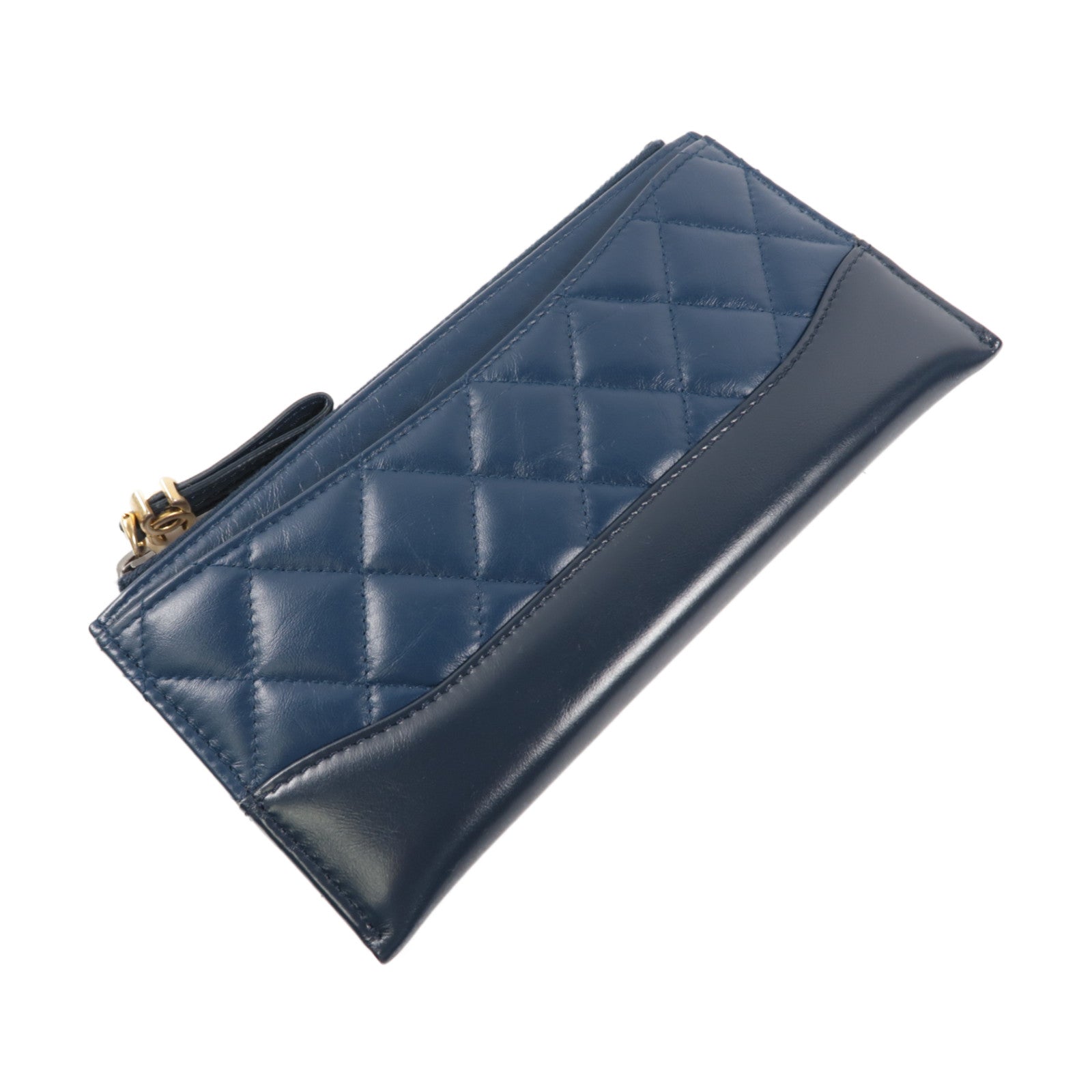 CHANEL 菱格牛皮皮革Pouch Wallet金扣長錢包黑色/藍色
