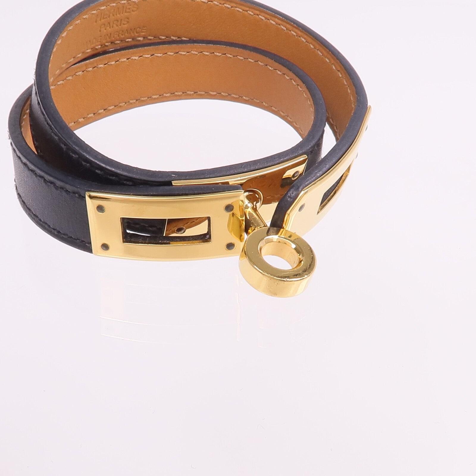 HERMES 【激減優惠】Chamonix皮革Kelly Double Bracelet金扣手鐲Noir