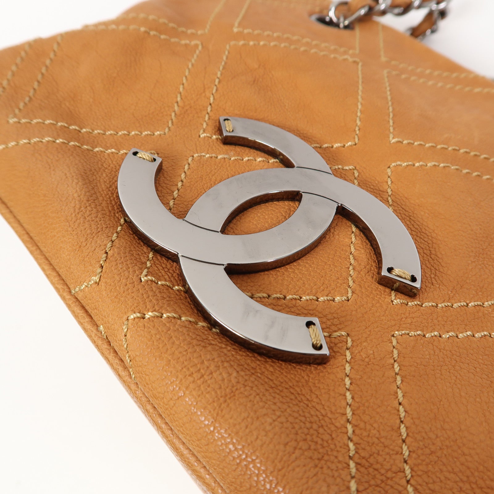 CHANEL 【激減優惠】牛皮皮革Chain Shoulder銀扣鏈帶肩背袋橙色