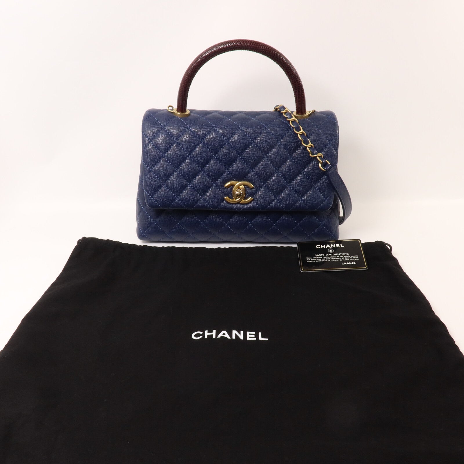 CHANEL 牛皮皮革/蜥蝪皮革Coco Handle Medium鏈帶手挽肩背兩用袋