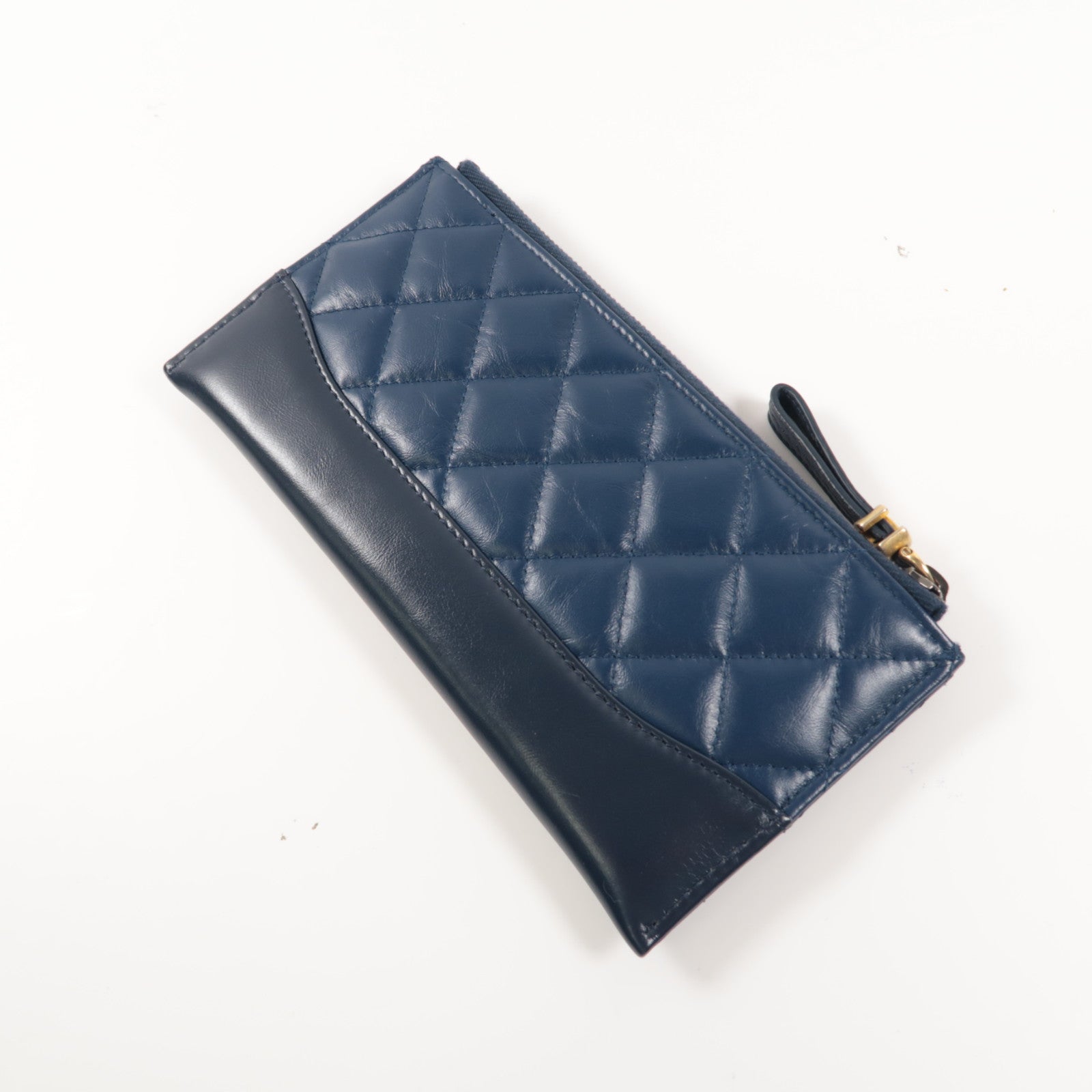 CHANEL 菱格牛皮皮革Pouch Wallet金扣長錢包黑色/藍色