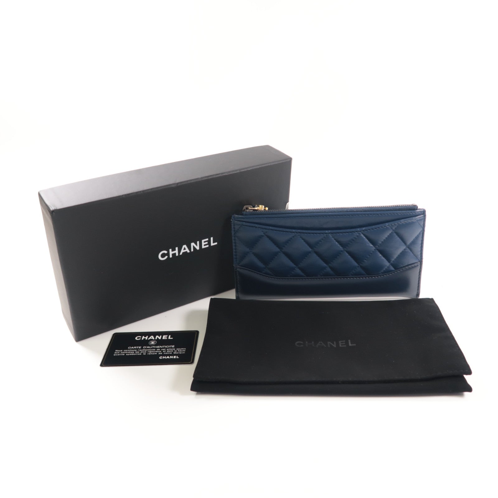 CHANEL 菱格牛皮皮革Pouch Wallet金扣長錢包黑色/藍色