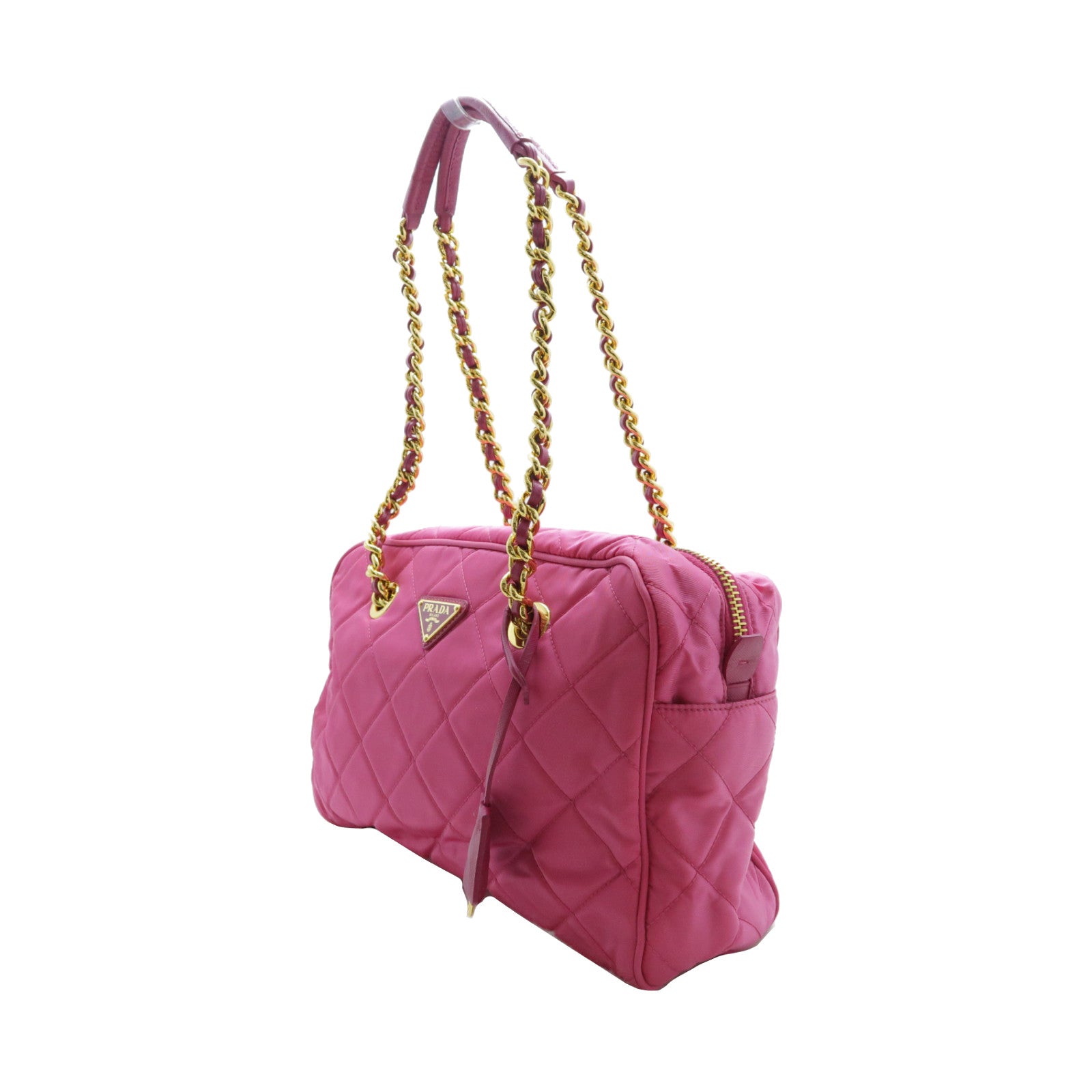 PRADA 菱格尼龍Chain Shoulder金扣鏈帶肩背袋粉紅色