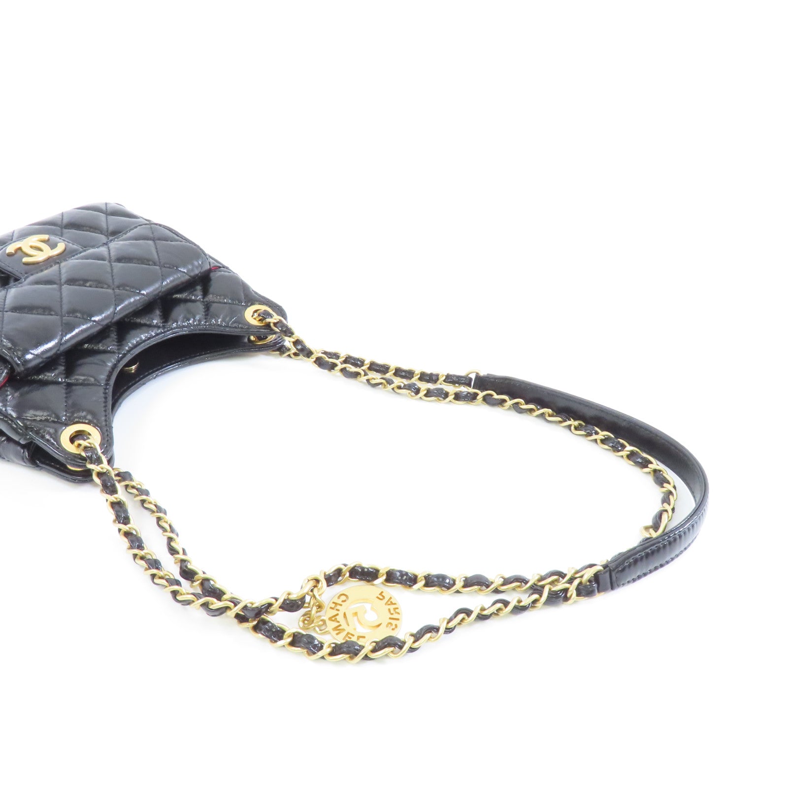 CHANEL 菱格牛皮皮革Chain Shoulder金扣鏈帶肩背袋袋黑色