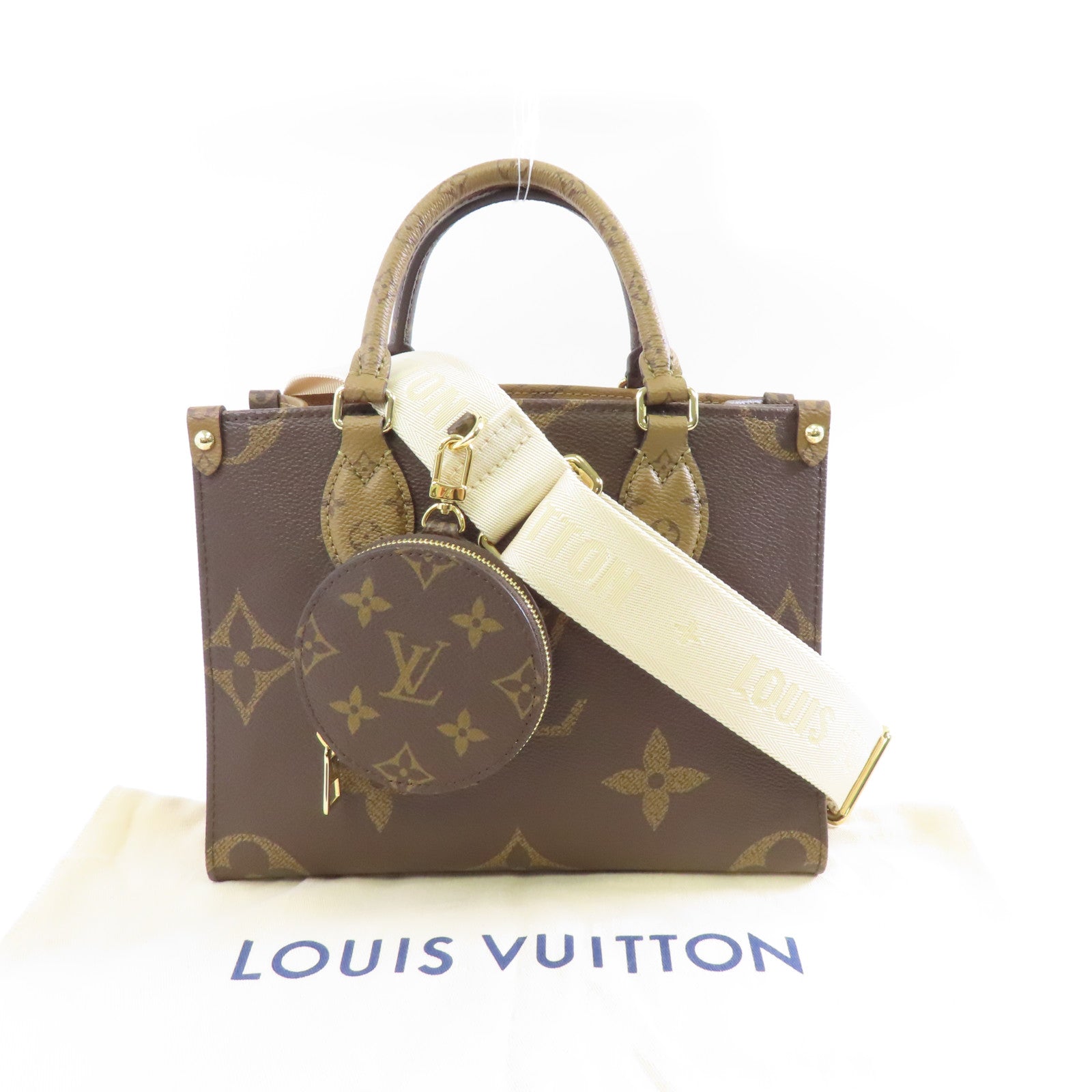 LOUIS VUITTON Monogram Giant Reverse OnTheGo PM金扣手挽肩背兩用袋啡色
