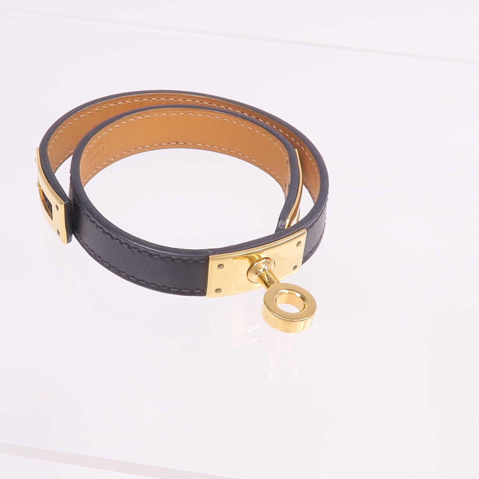 HERMES 【激減優惠】Chamonix皮革Kelly Double Bracelet金扣手鐲Noir