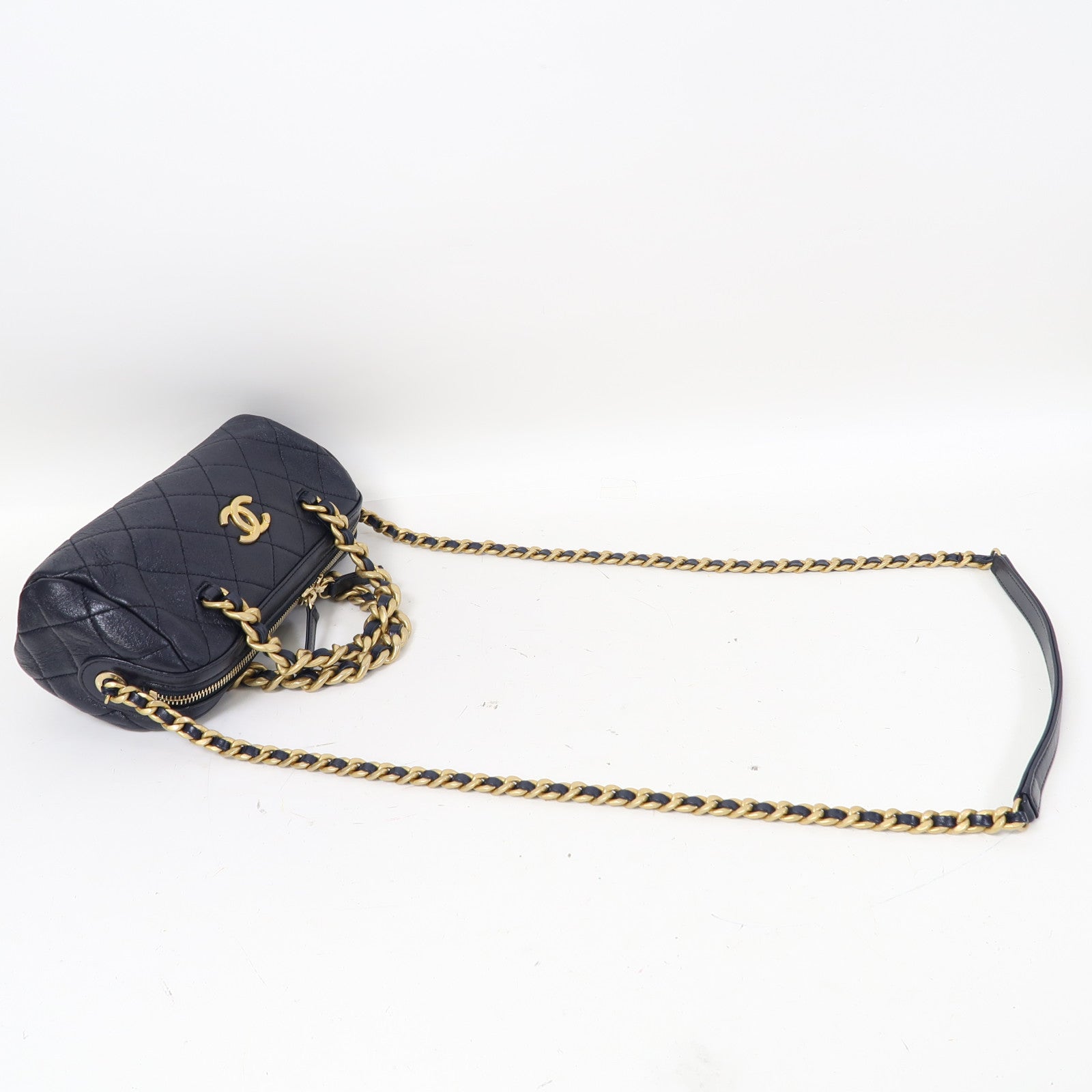 CHANEL 菱格羊皮皮革Chain Shoulder金扣鏈帶肩背袋深藍色