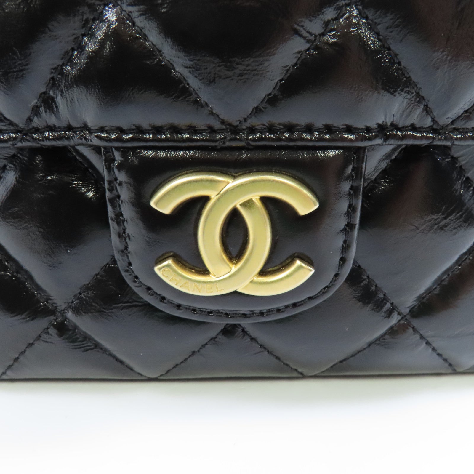 CHANEL 菱格牛皮皮革Chain Shoulder金扣鏈帶肩背袋袋黑色