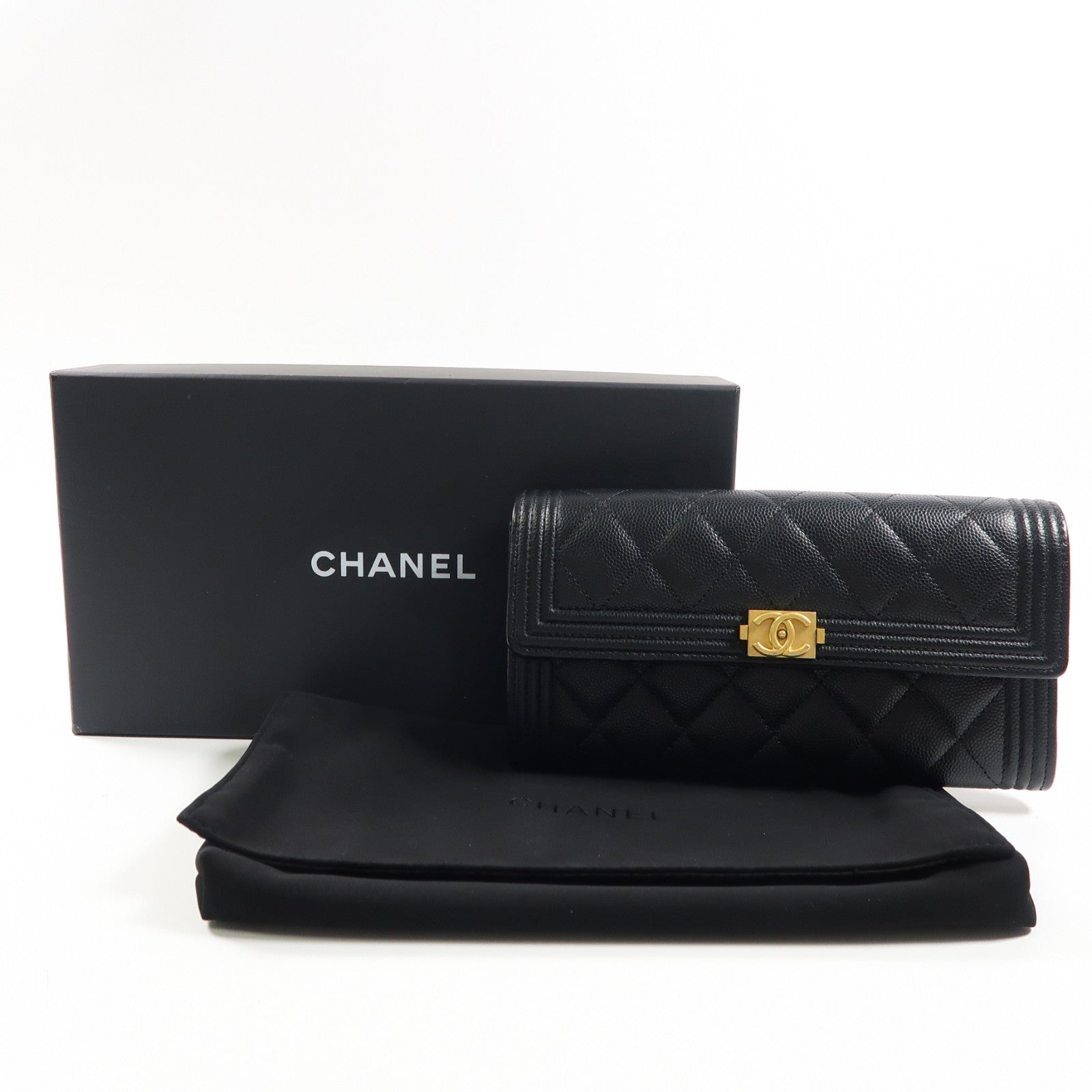 CHANEL 菱格牛皮皮革Boy Long Wallet金扣長錢包黑色