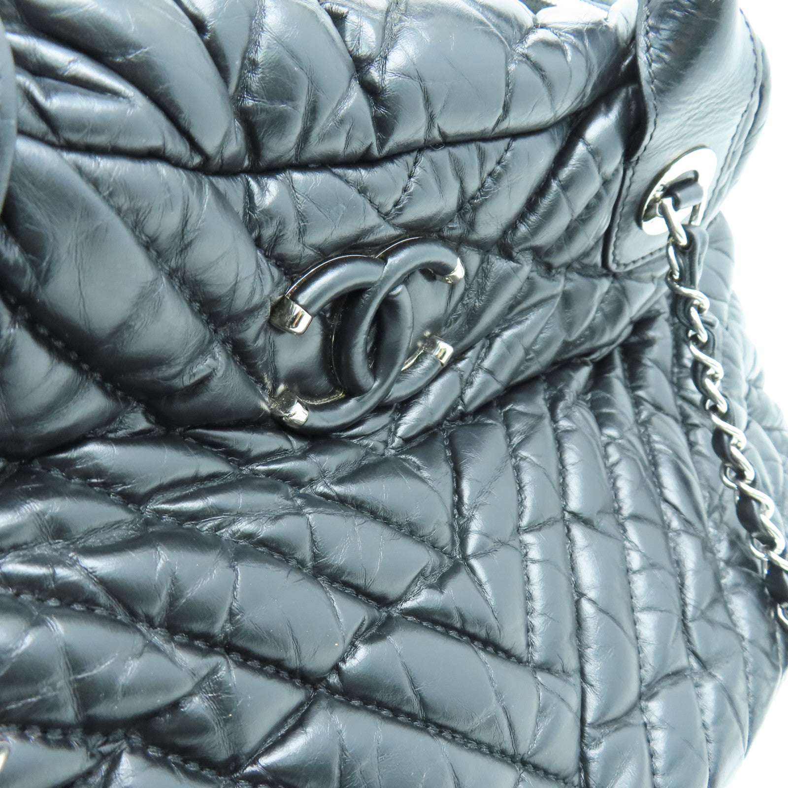 CHANEL twill 2way Shoulder Bag silver buckle handle shoulder bag black