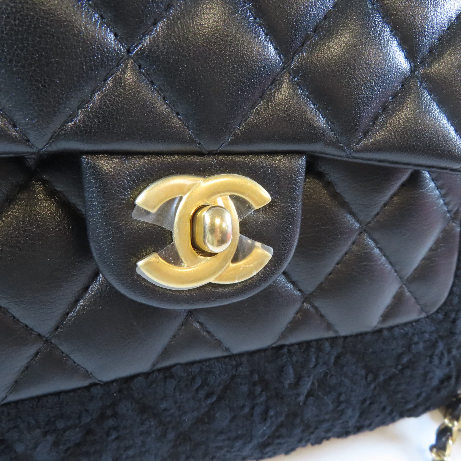 CHANEL 【激減優惠】斜紋軟呢/菱格牛皮皮革Chain Shoulder金扣手挽肩背兩用袋黑色