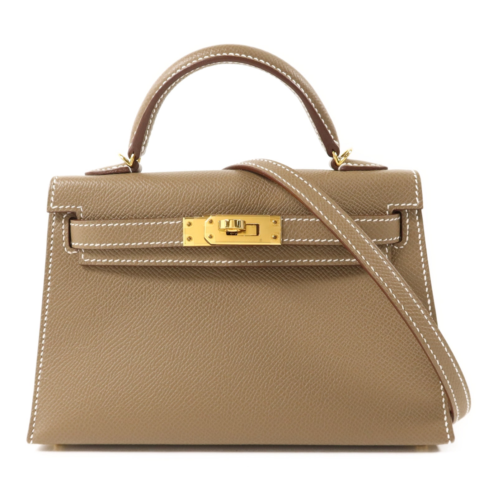 HERMES Epsom皮革Mini Kelly II金扣手挽肩背兩用袋Etoupe