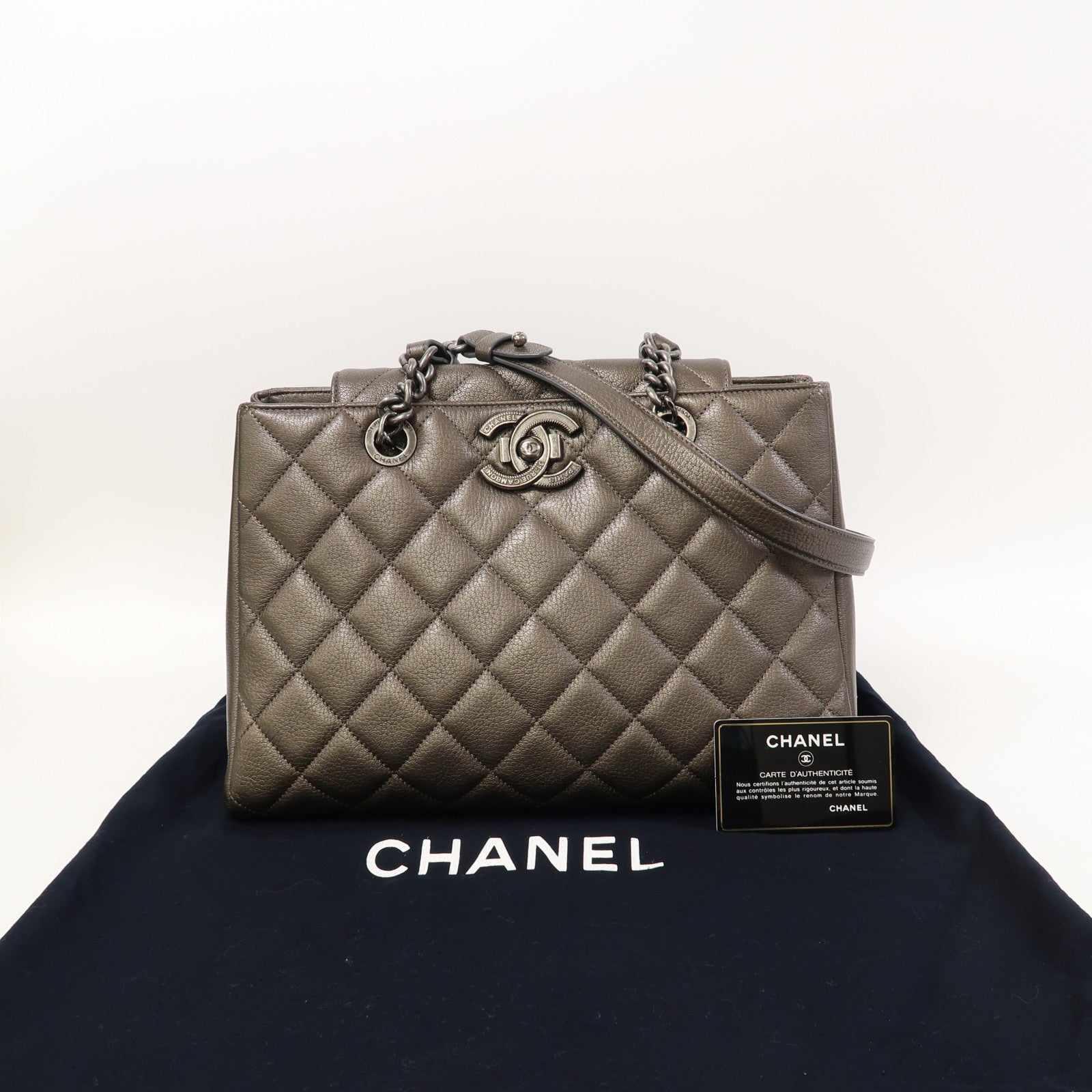 CHANEL 菱格牛皮皮革Chain Shoulder銀扣鏈帶肩背袋灰色