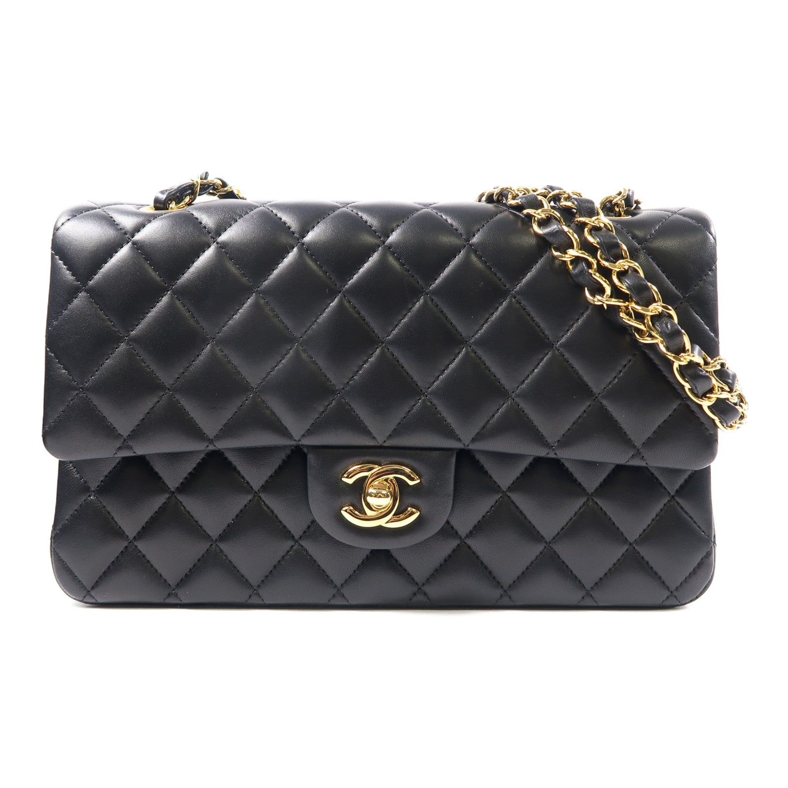 CHANEL 菱格羊皮皮革Classic 25金扣鏈帶肩背袋黑色