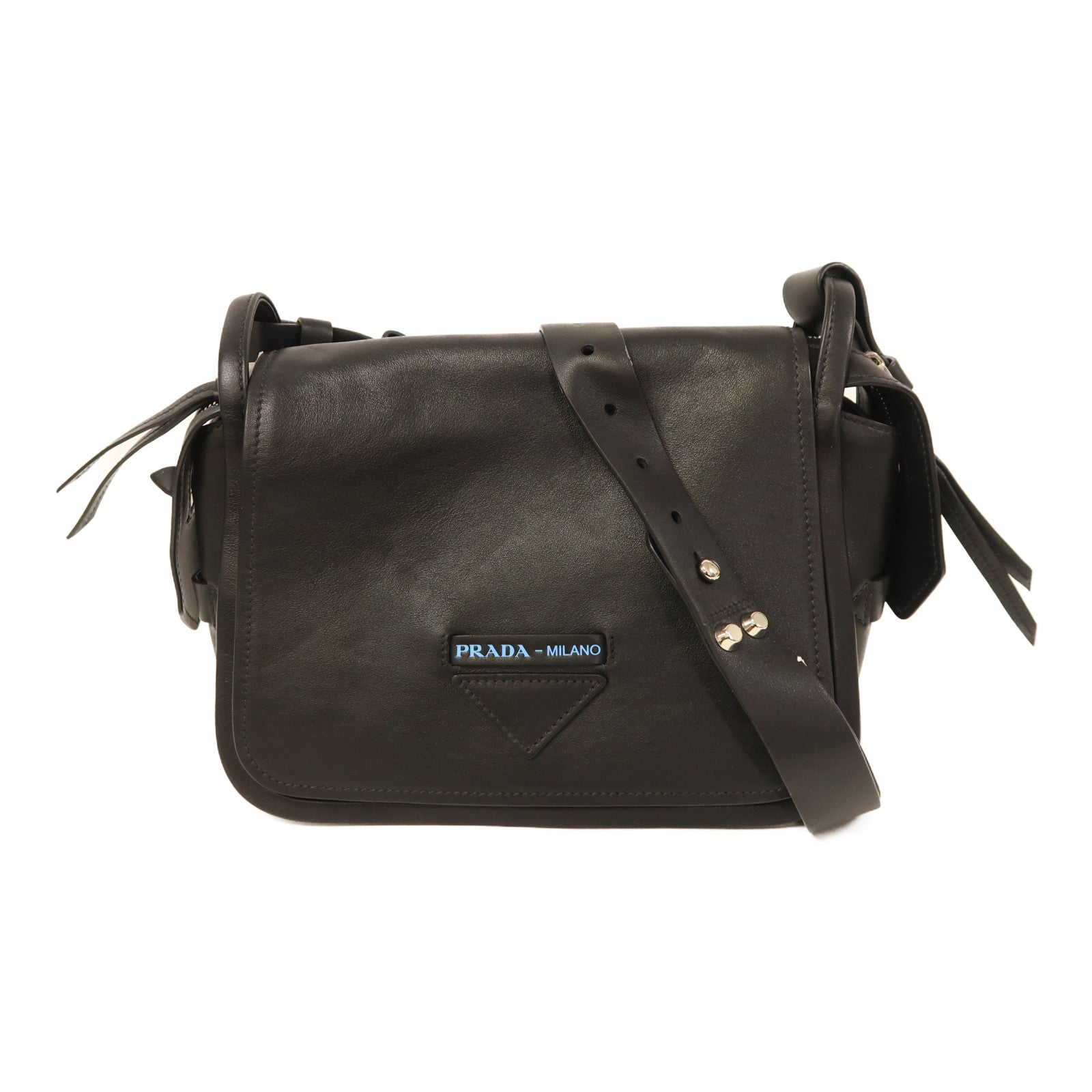 PRADA 羊皮皮革Etiquette Bag銀扣肩背袋黑色