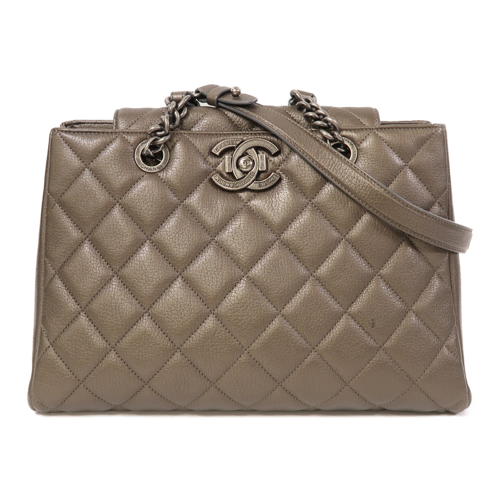 CHANEL 菱格牛皮皮革Chain Shoulder銀扣鏈帶肩背袋灰色