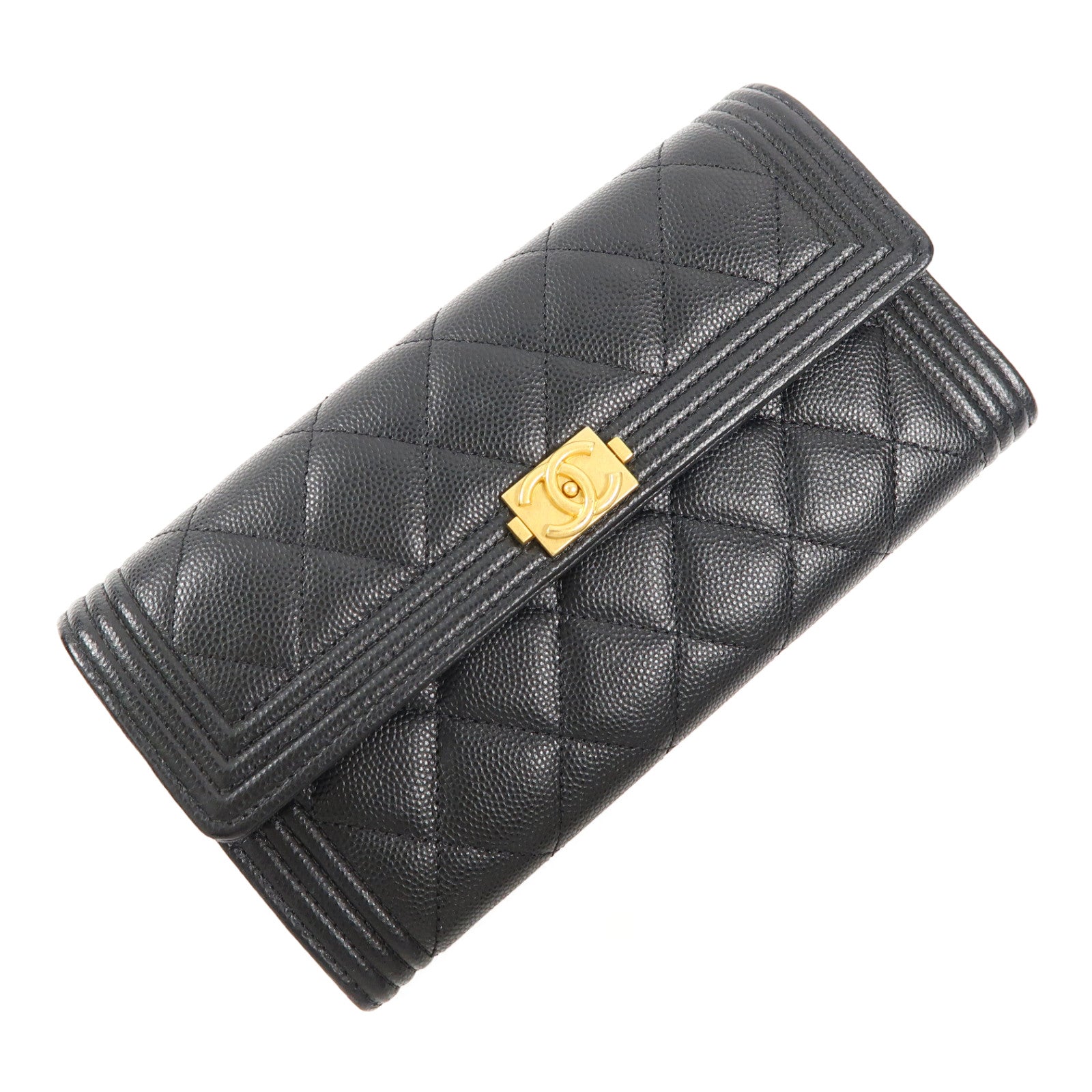 CHANEL 菱格牛皮皮革Boy Long Wallet金扣長錢包黑色