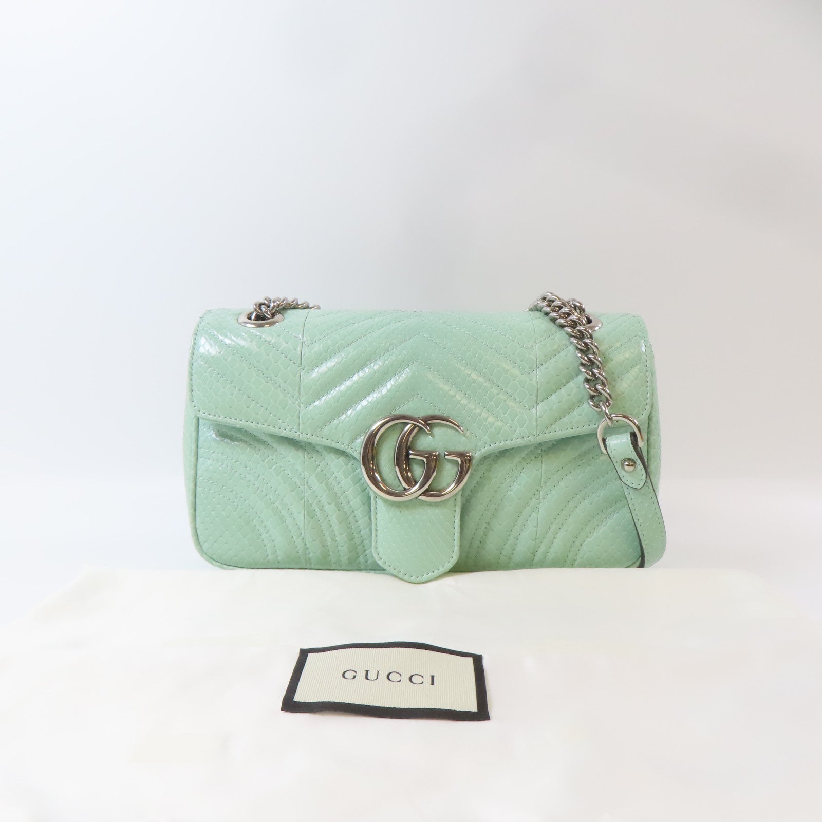 GUCCI 【激減優惠】蛇皮皮革GG Marmont銀扣鏈帶肩背袋淺綠色