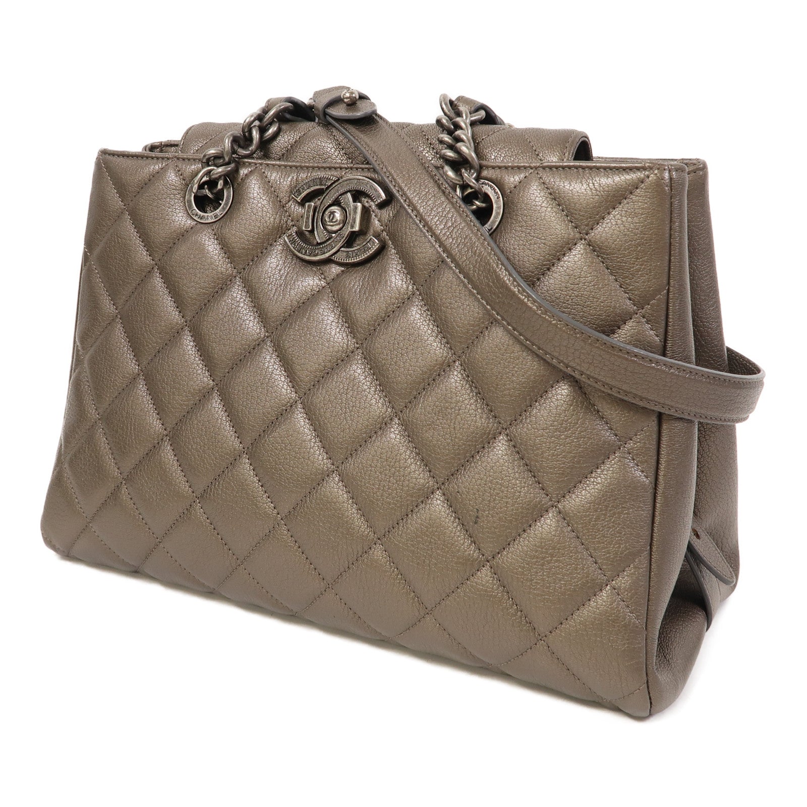 CHANEL 菱格牛皮皮革Chain Shoulder銀扣鏈帶肩背袋灰色