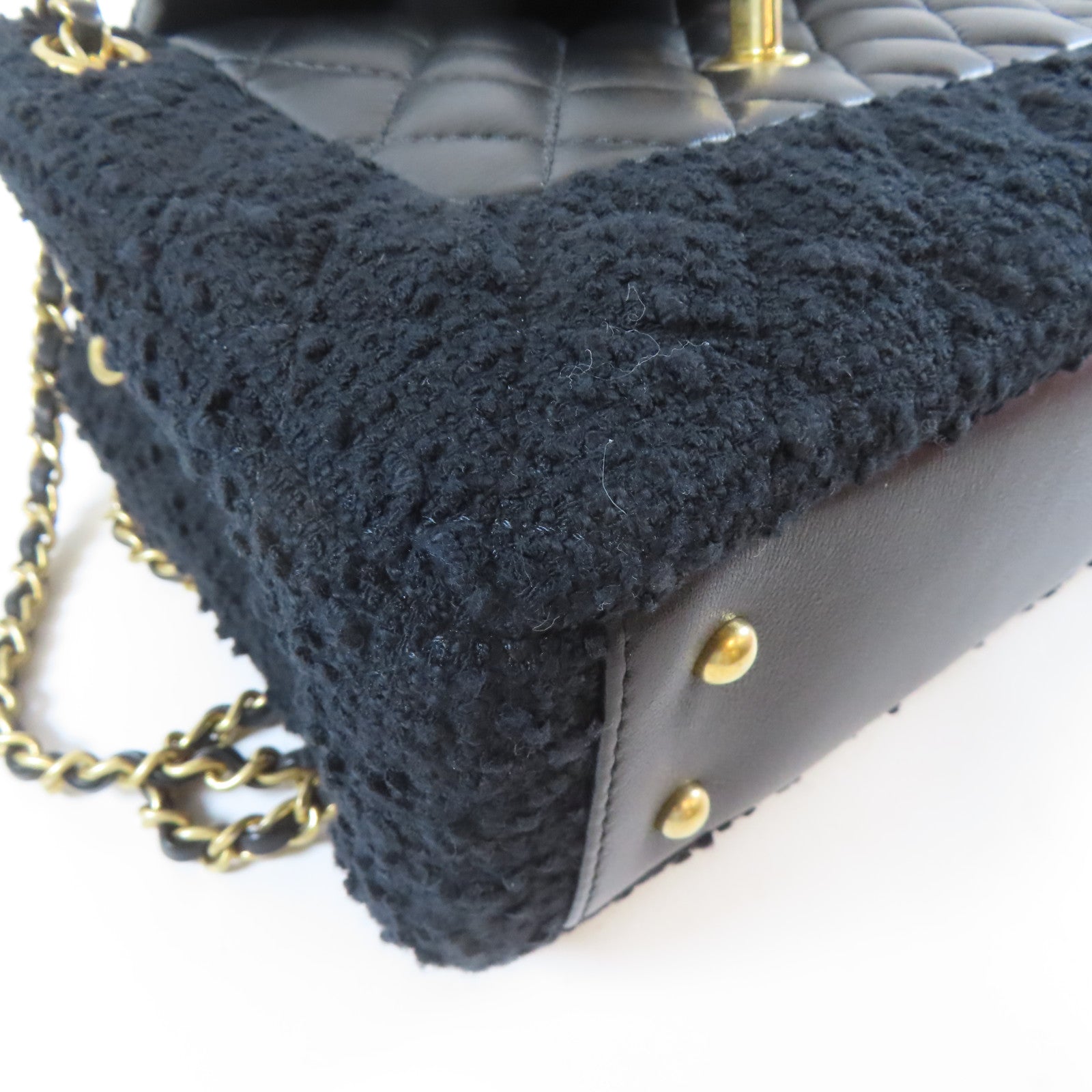 CHANEL 【激減優惠】斜紋軟呢/菱格牛皮皮革Chain Shoulder金扣手挽肩背兩用袋黑色