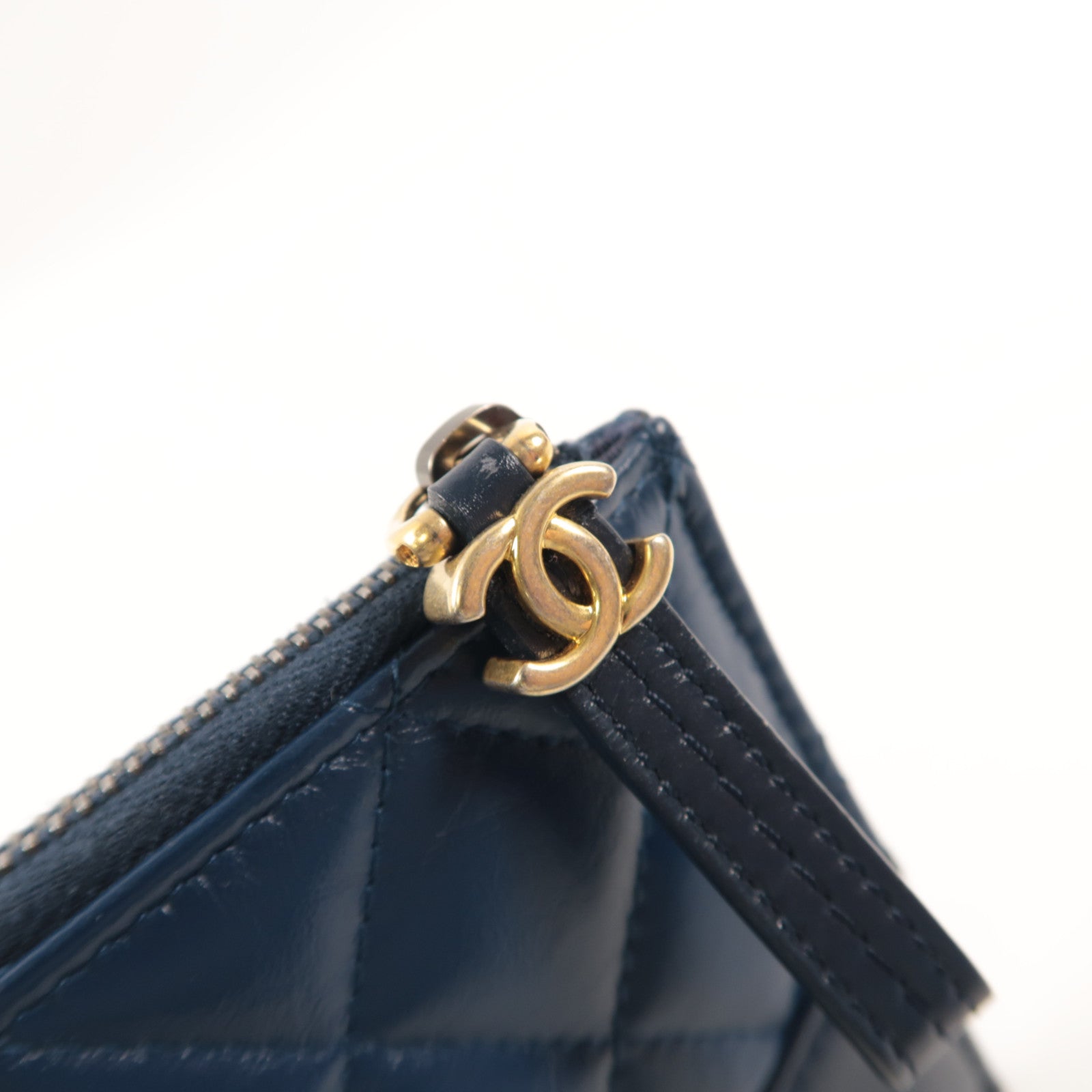 CHANEL 菱格牛皮皮革Pouch Wallet金扣長錢包黑色/藍色