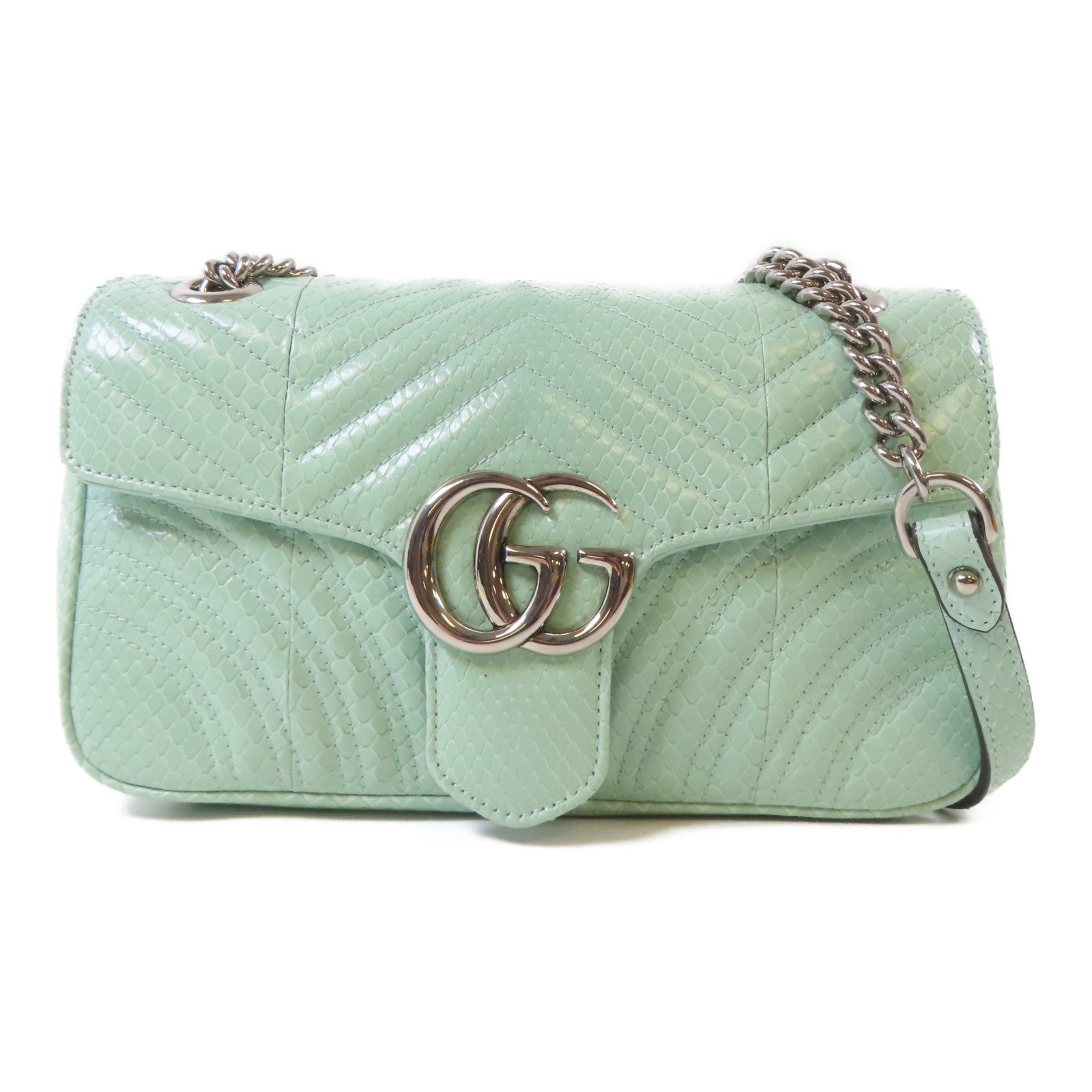 GUCCI 【激減優惠】蛇皮皮革GG Marmont銀扣鏈帶肩背袋淺綠色