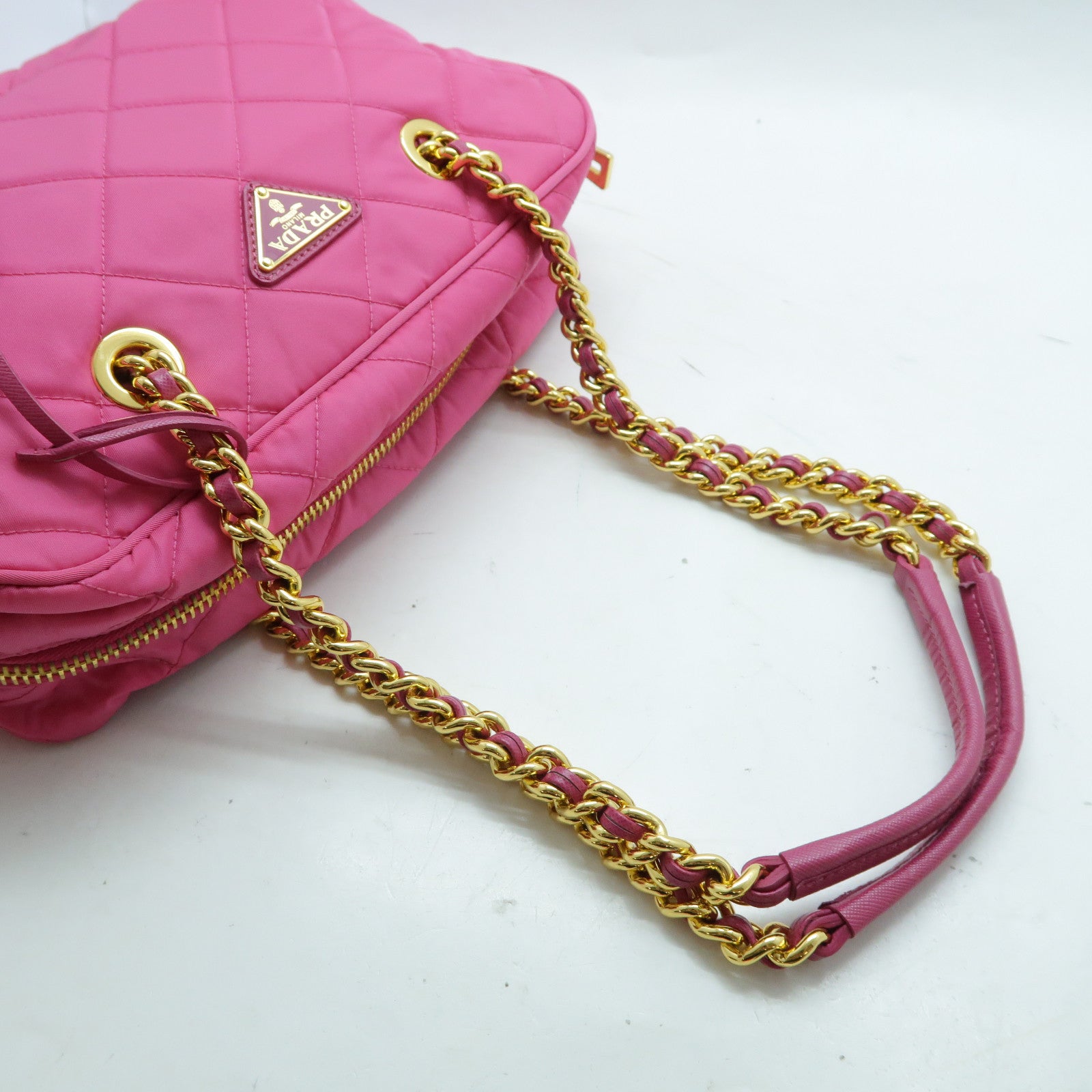 PRADA 菱格尼龍Chain Shoulder金扣鏈帶肩背袋粉紅色