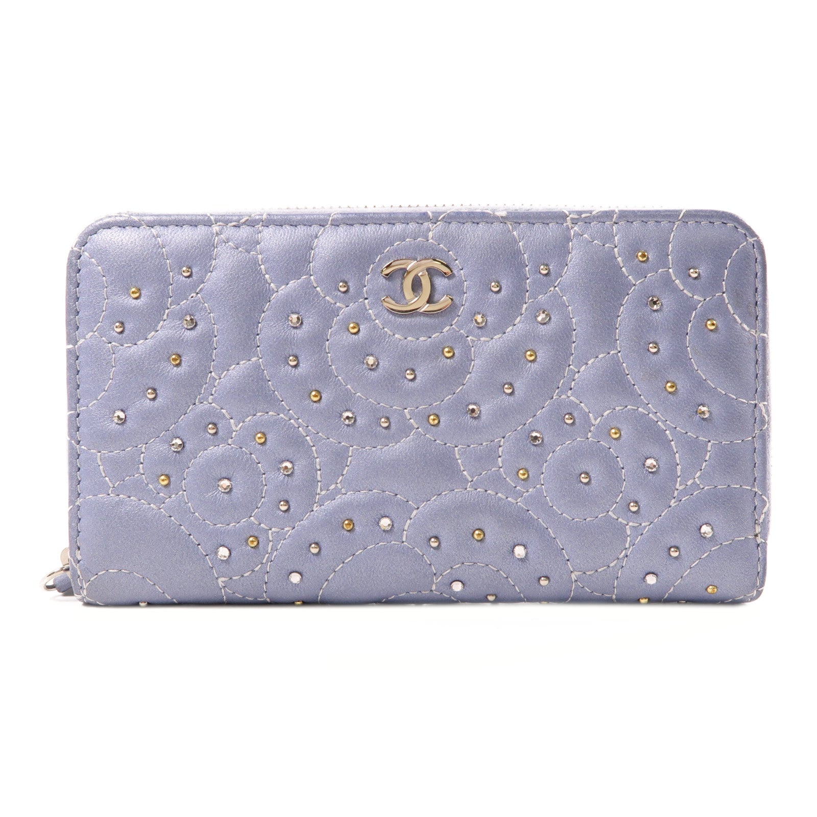CHANEL 羊皮皮革Zipper Wallet銀扣錢包淺藍色