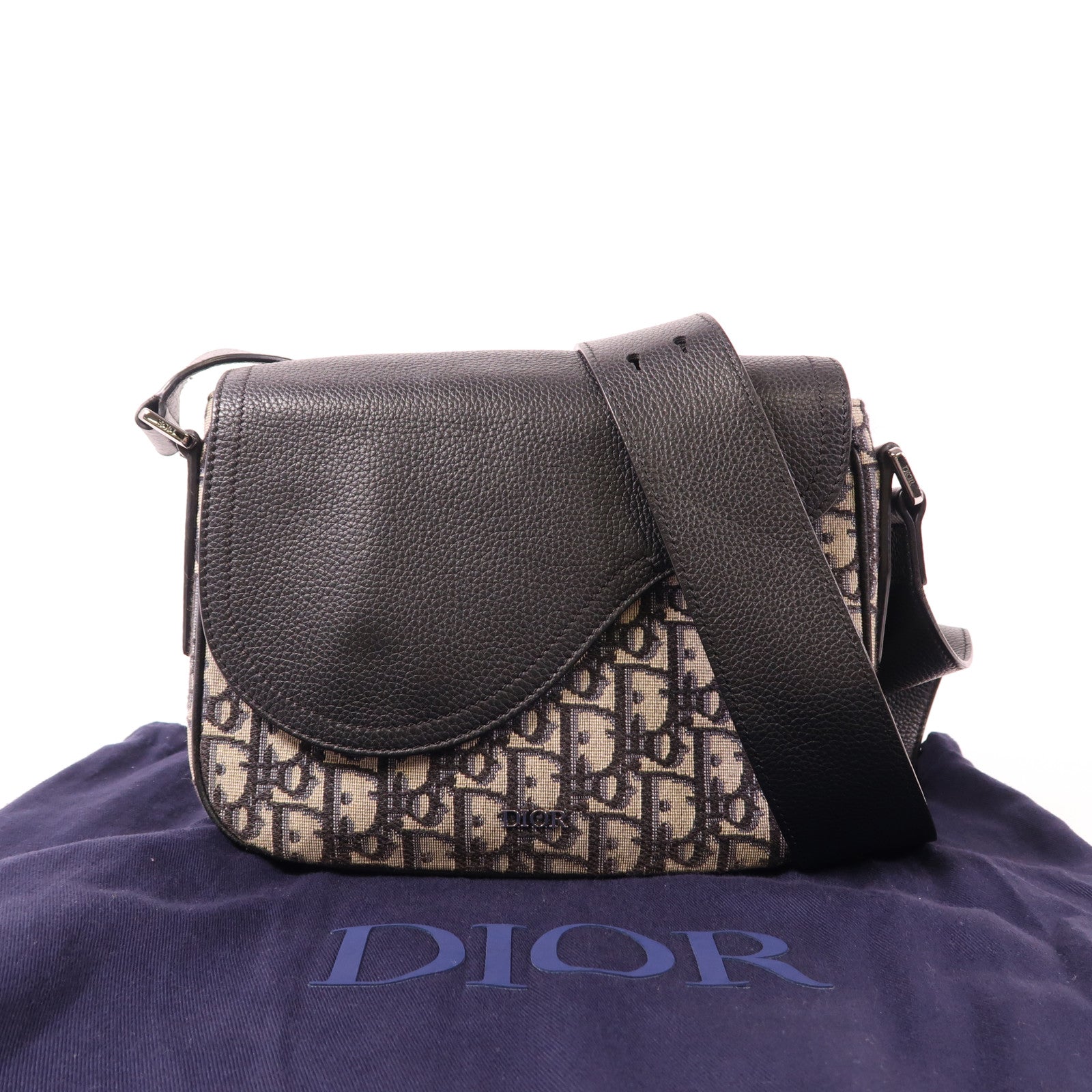Dior 皮革/帆布Mini Saddle銀扣肩背袋