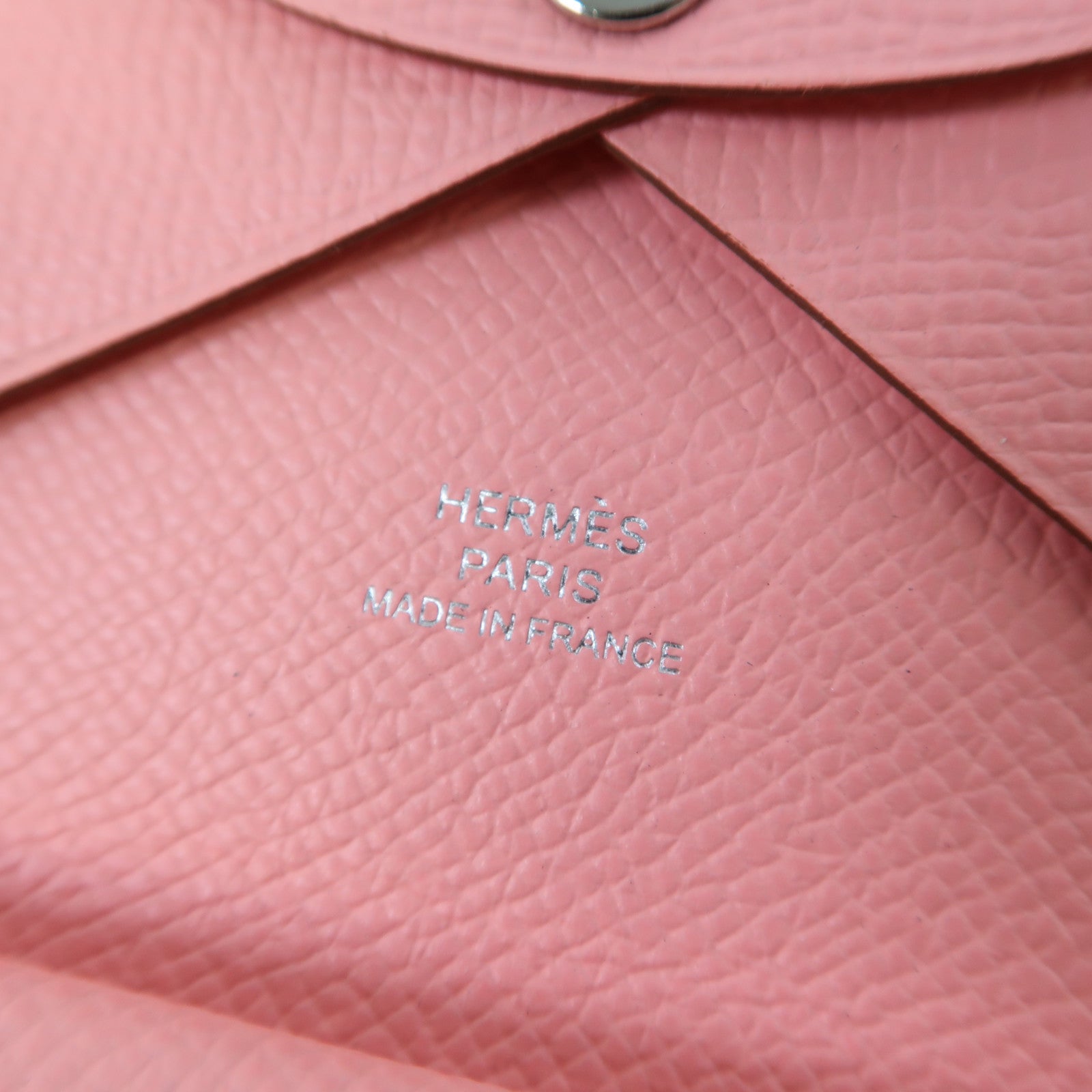 HERMES Veau Epsom皮革Calvi Duo銀扣卡片套粉紅色