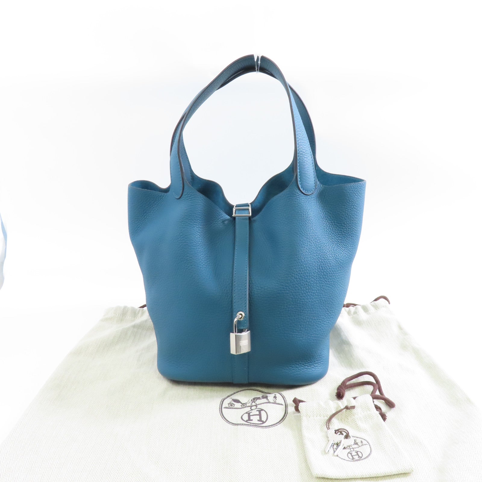 HERMES Clemence皮革Picotin MM Tote Bag銀扣手挽袋Bleu Paon/孔雀藍色
