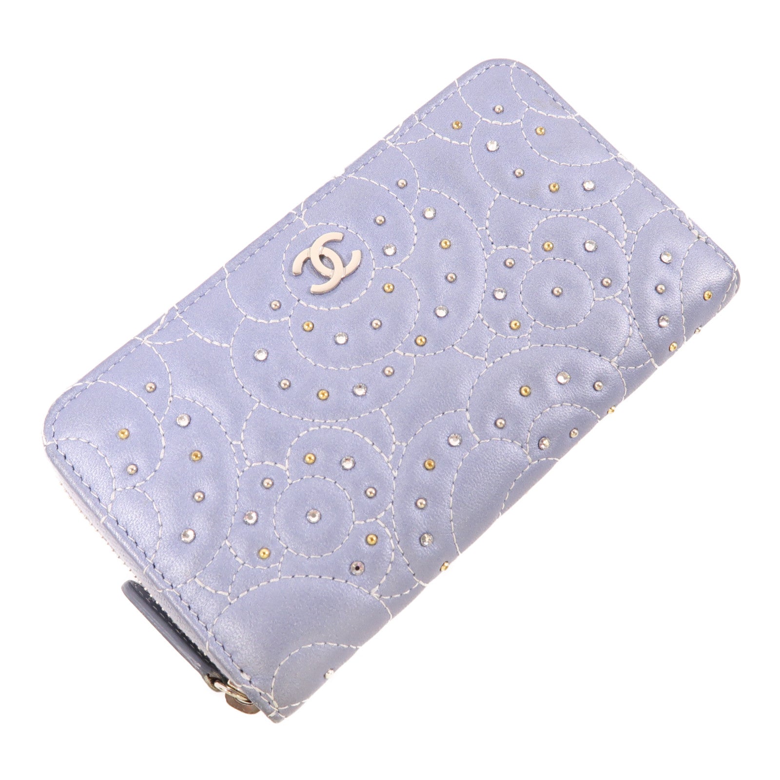 CHANEL 羊皮皮革Zipper Wallet銀扣錢包淺藍色