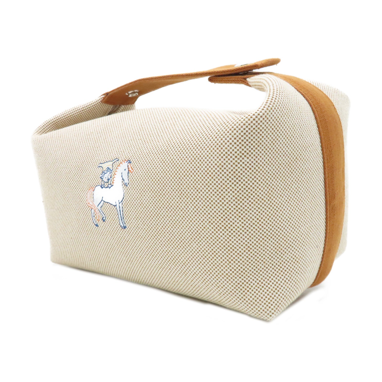 HERMES 【激減優惠】帆布Bride a Brac Cabriole Case銀扣手挽袋米色/橙色
