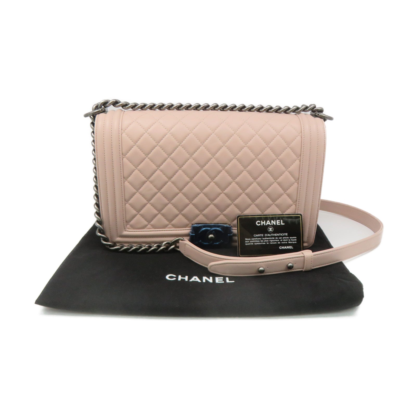 CHANEL rhombic cowhide leather Boy Chanel Shoulder Bag silver buckle chain shoulder bag nude