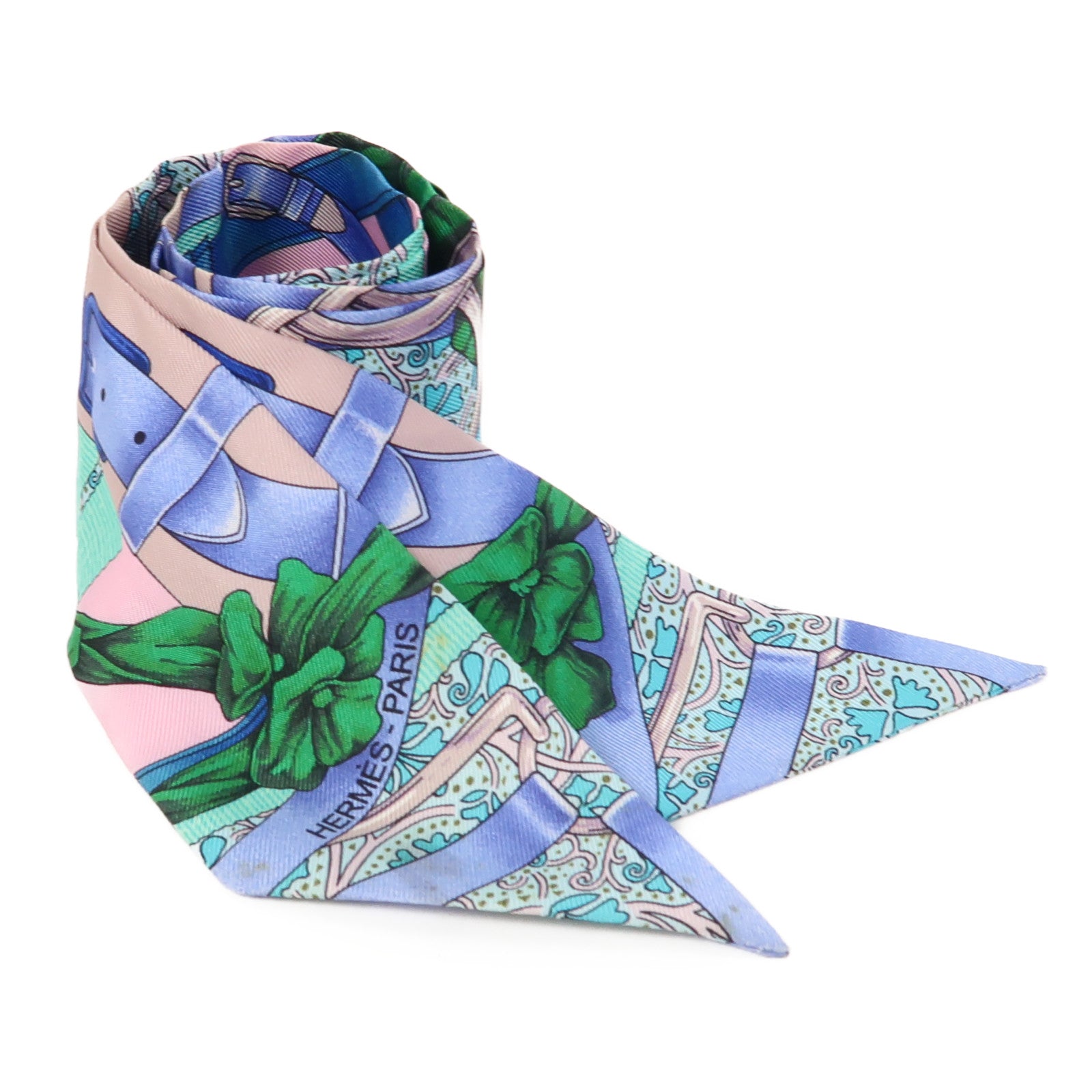HERMES 【激減優惠】絲質Twilly絲巾藍色/粉紅色