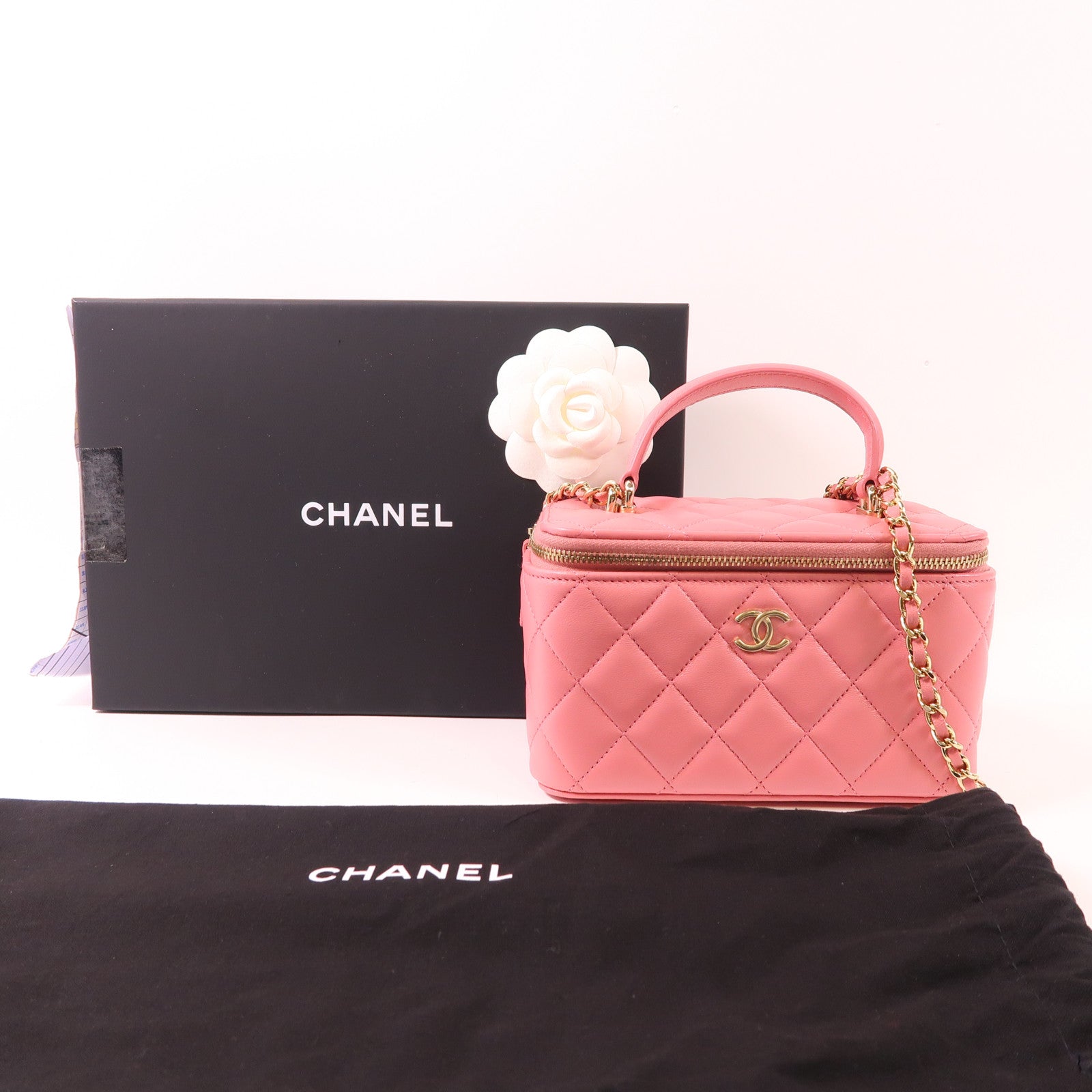 CHANEL CC GHW Top Handle Vanity Case 2 Way Bag AP2199 Lambskin Leather Pink