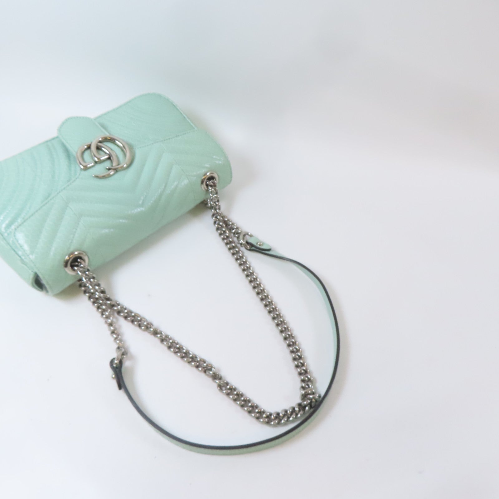GUCCI 【激減優惠】蛇皮皮革GG Marmont銀扣鏈帶肩背袋淺綠色