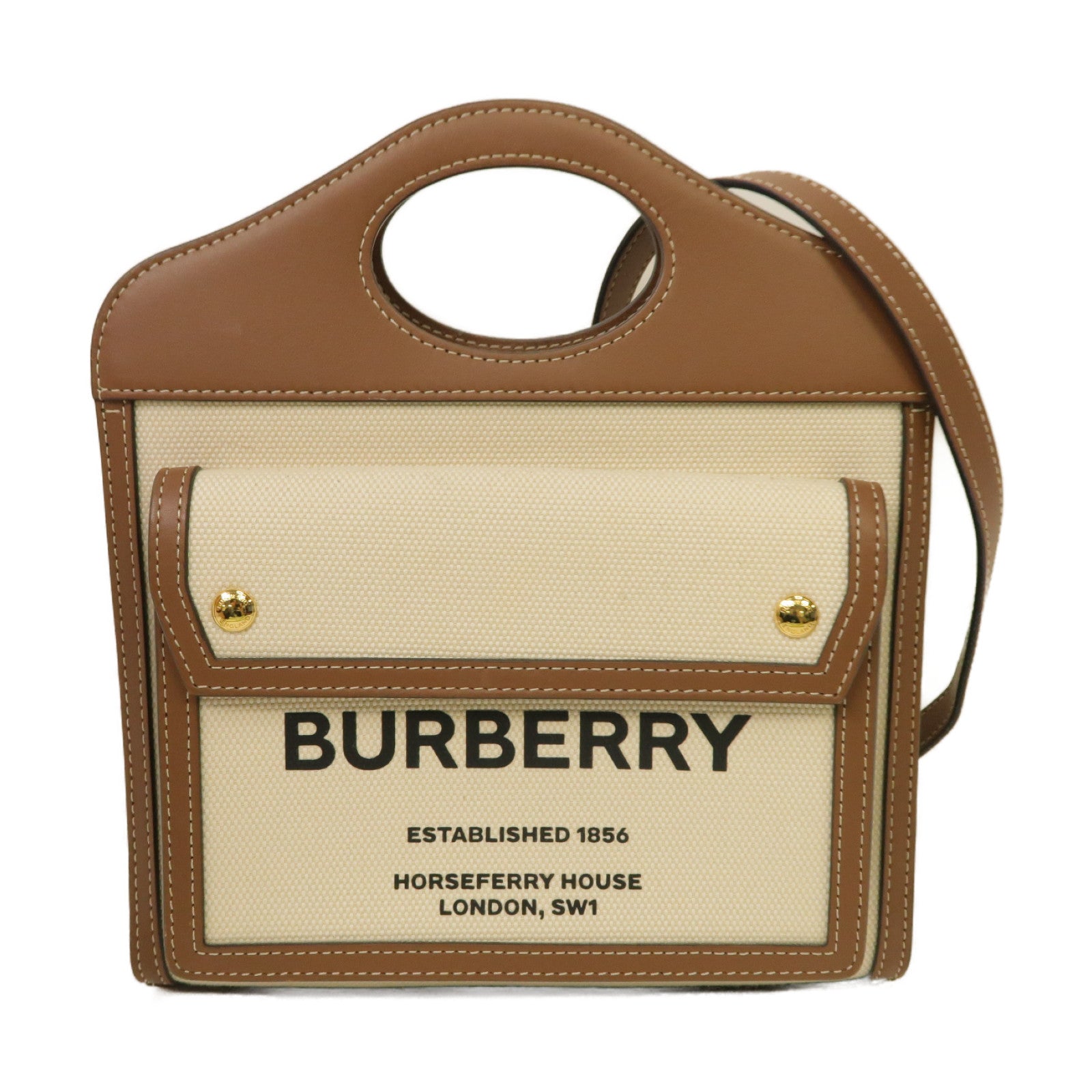 BURBERRY 帆布Pocket Bag金扣手挽肩背兩用袋啡色2