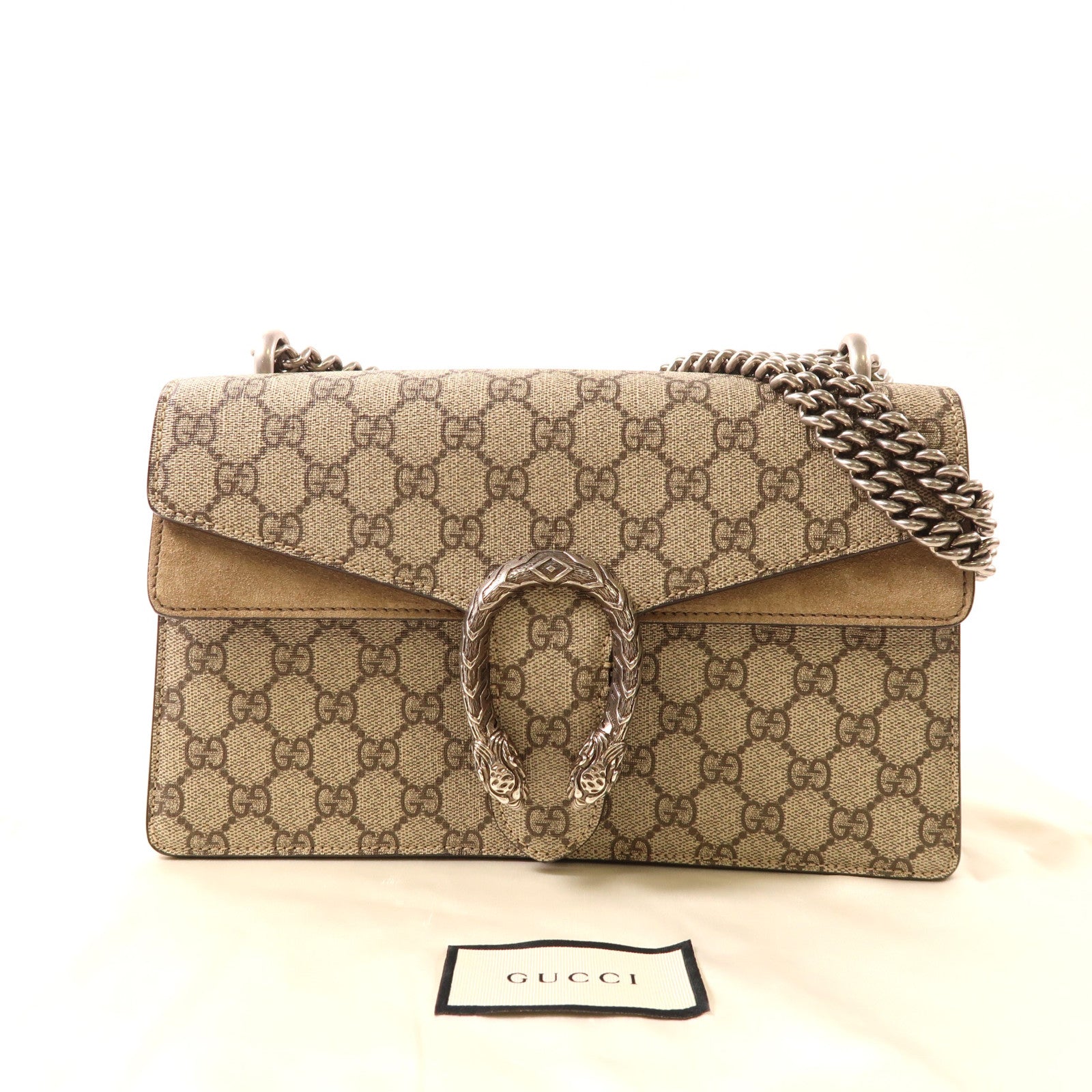 GUCCI 塗層帆布Dionysus銀扣鏈帶肩背袋棕色