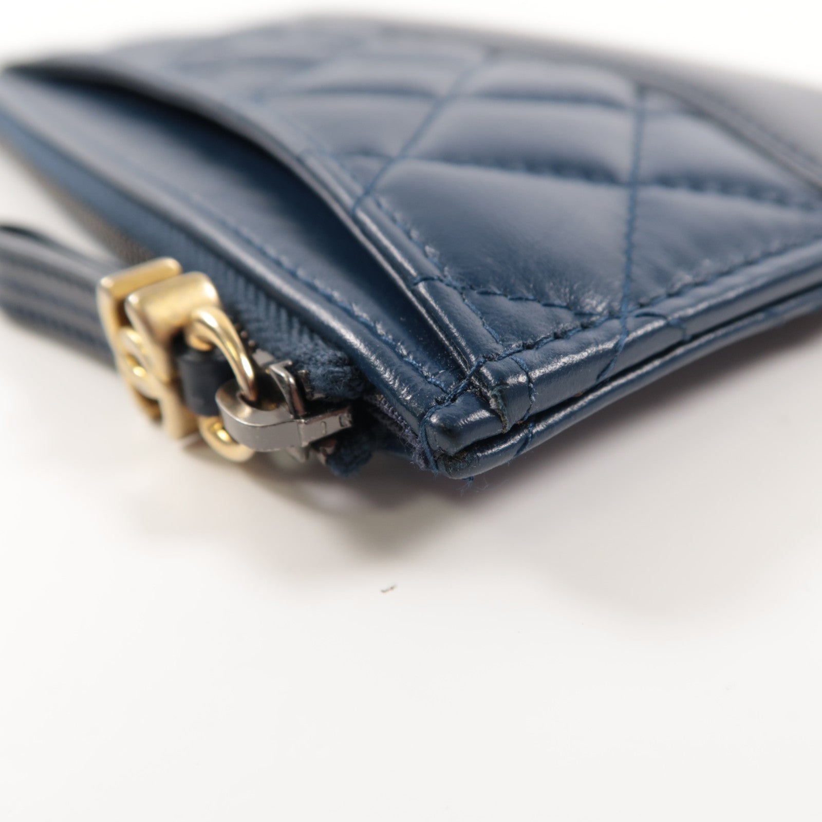 CHANEL 菱格牛皮皮革Pouch Wallet金扣長錢包黑色/藍色