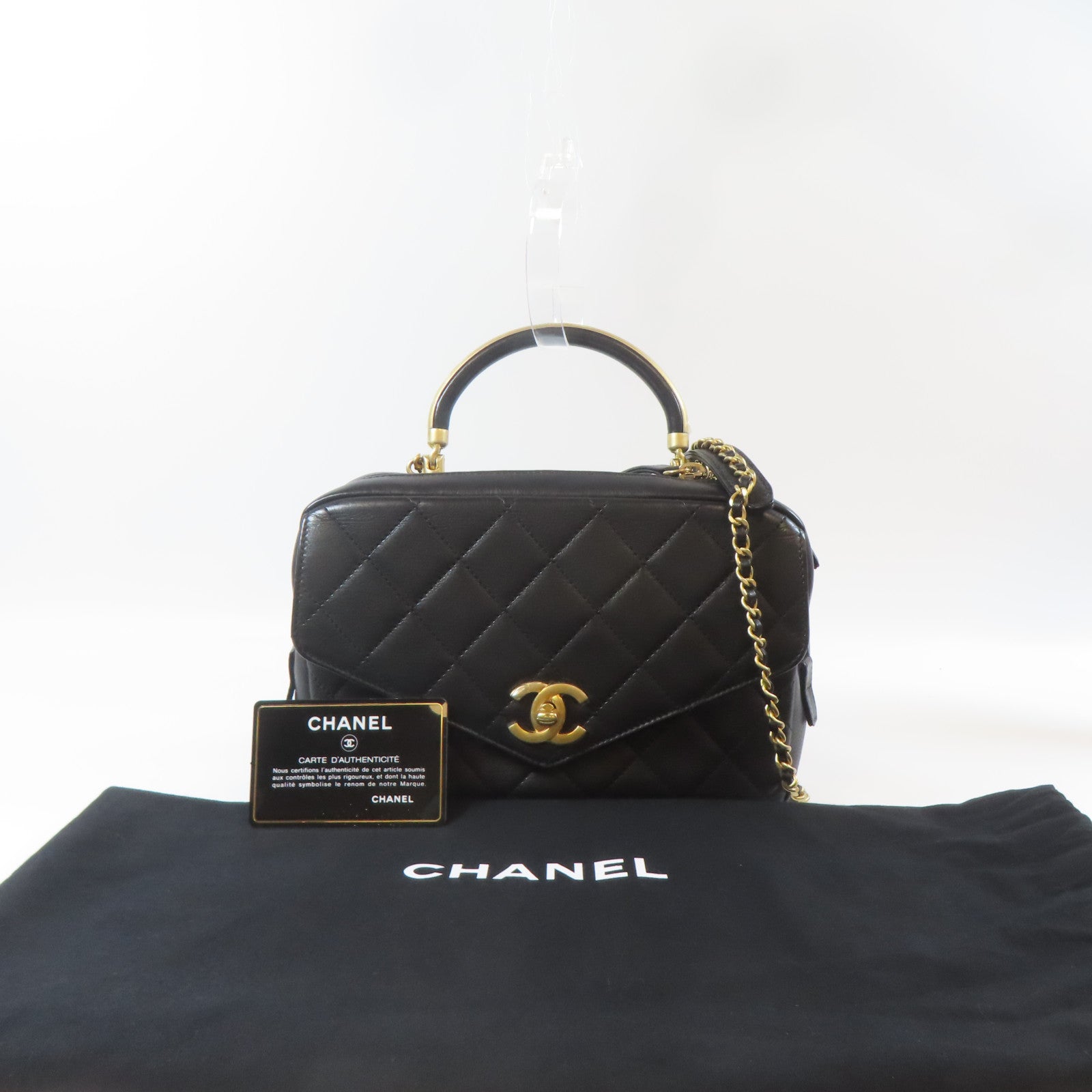 CHANEL 菱格牛皮皮革2way Shoulder Bag金扣鏈帶手挽肩背兩用袋黑色