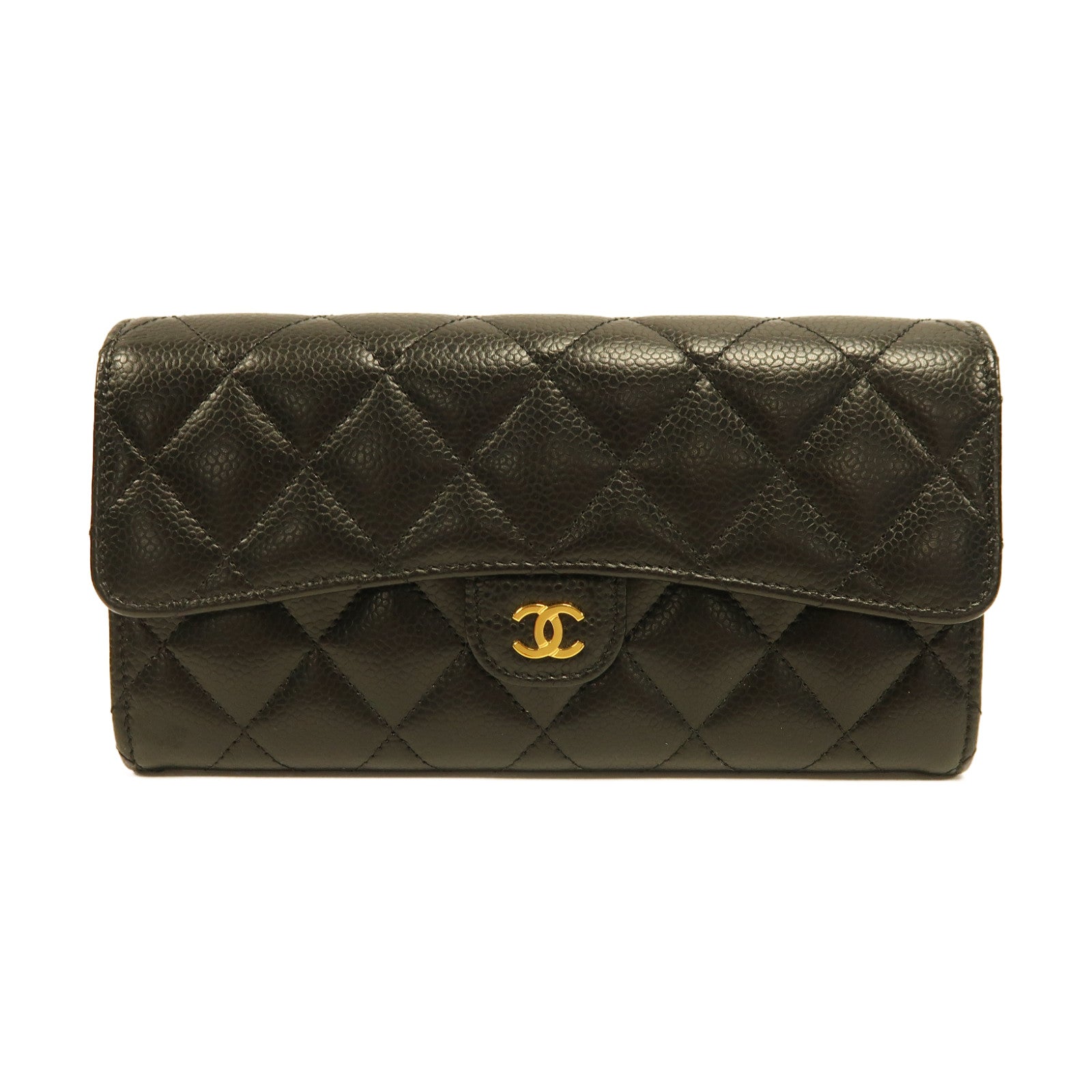 CHANEL 菱格Caviar皮革Classic Long Wallet金扣長錢包黑色