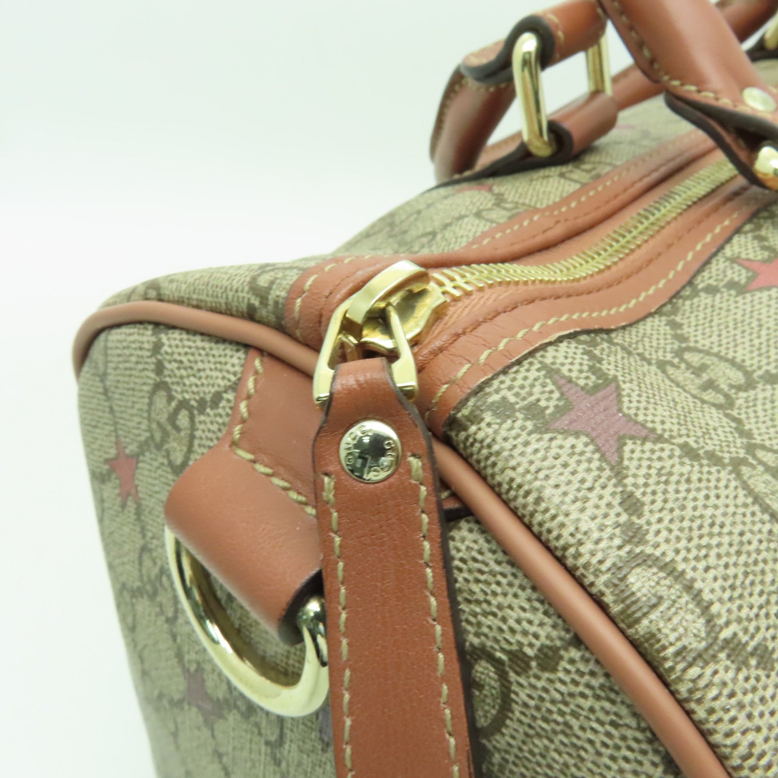 GUCCI 【清倉大減價】塗層帆布Handbag金扣手挽袋棕色/粉紅色