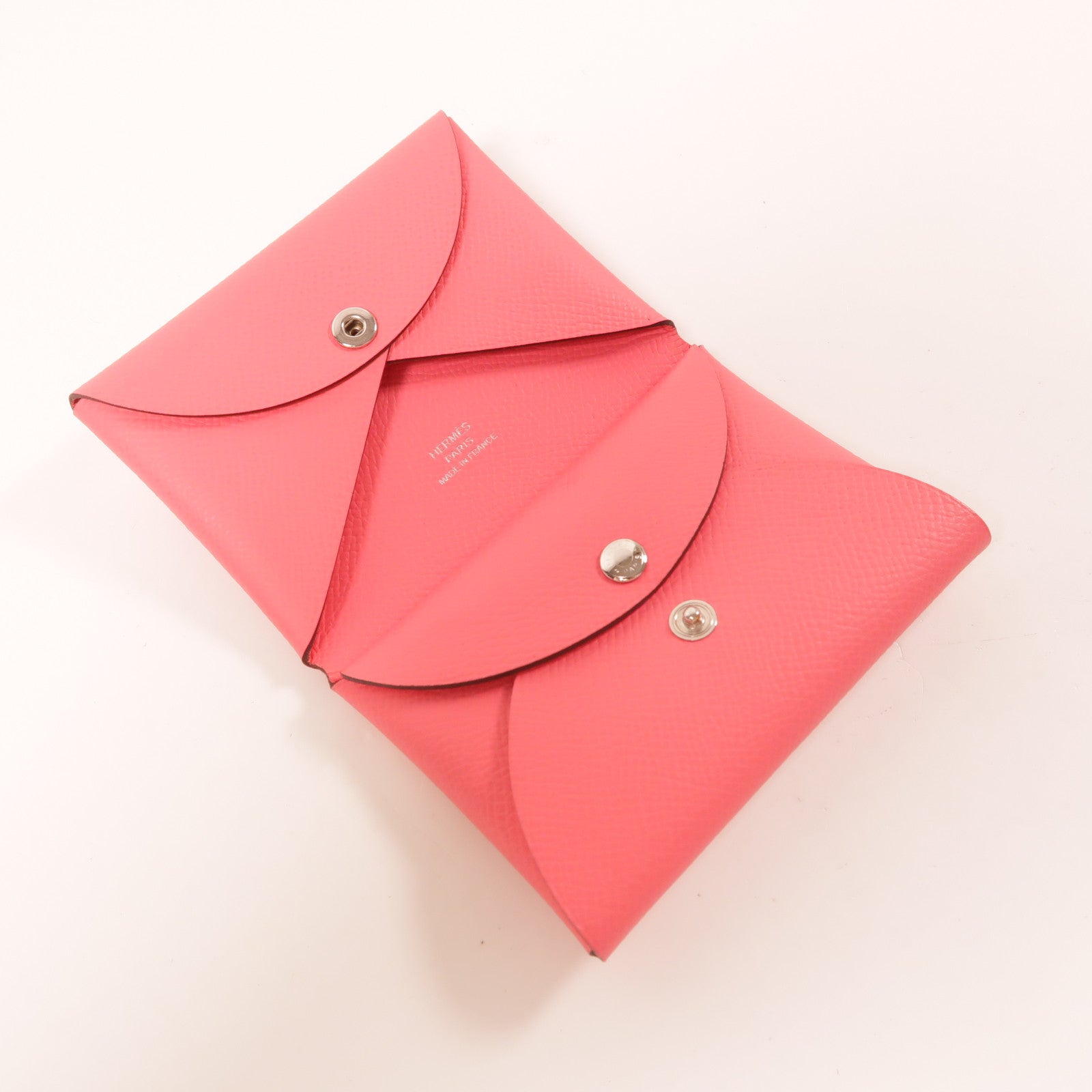 HERMES Epsom皮革Calvi Duo銀扣卡片套Rose Azalee