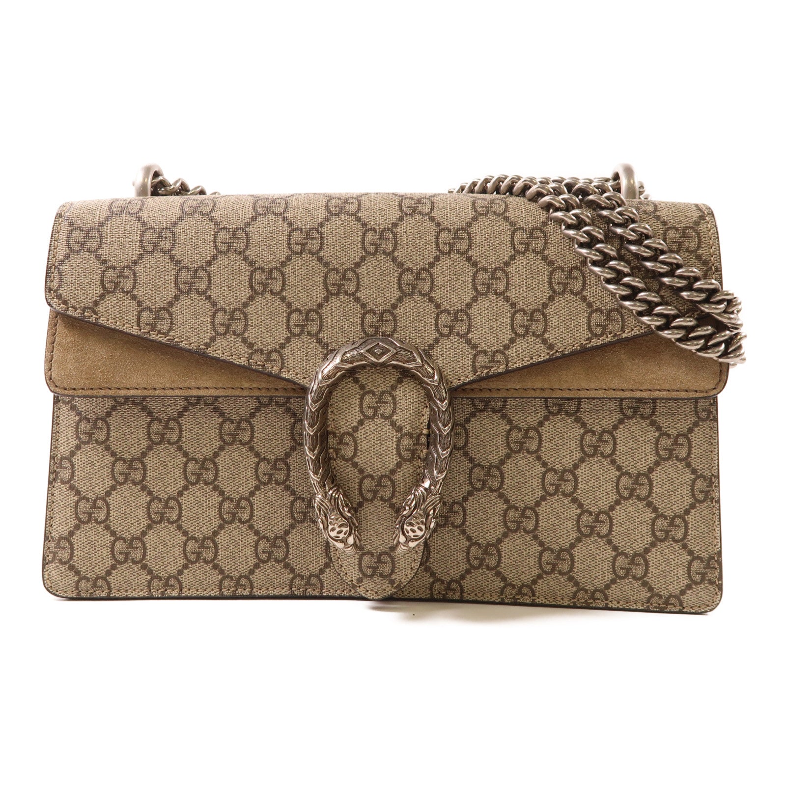 GUCCI 塗層帆布Dionysus銀扣鏈帶肩背袋棕色