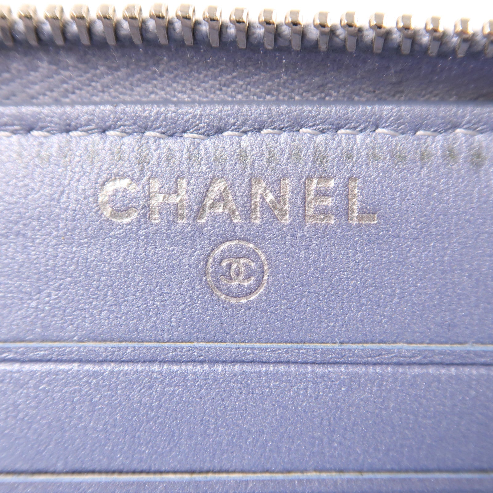 CHANEL 羊皮皮革Zipper Wallet銀扣錢包淺藍色