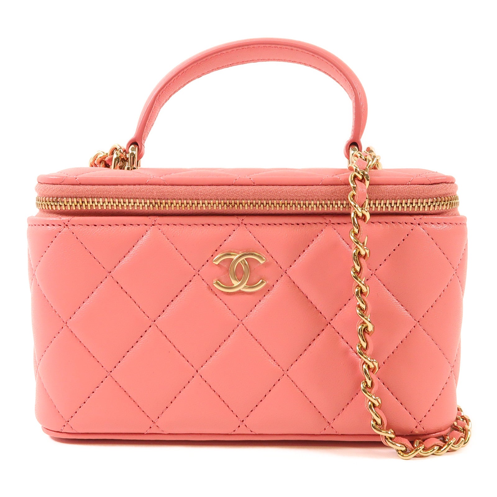 CHANEL CC GHW Top Handle Vanity Case 2 Way Bag AP2199 Lambskin Leather Pink
